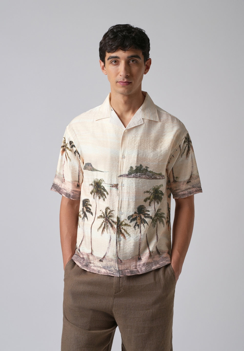 Cream Tropical Palm Print Shirt