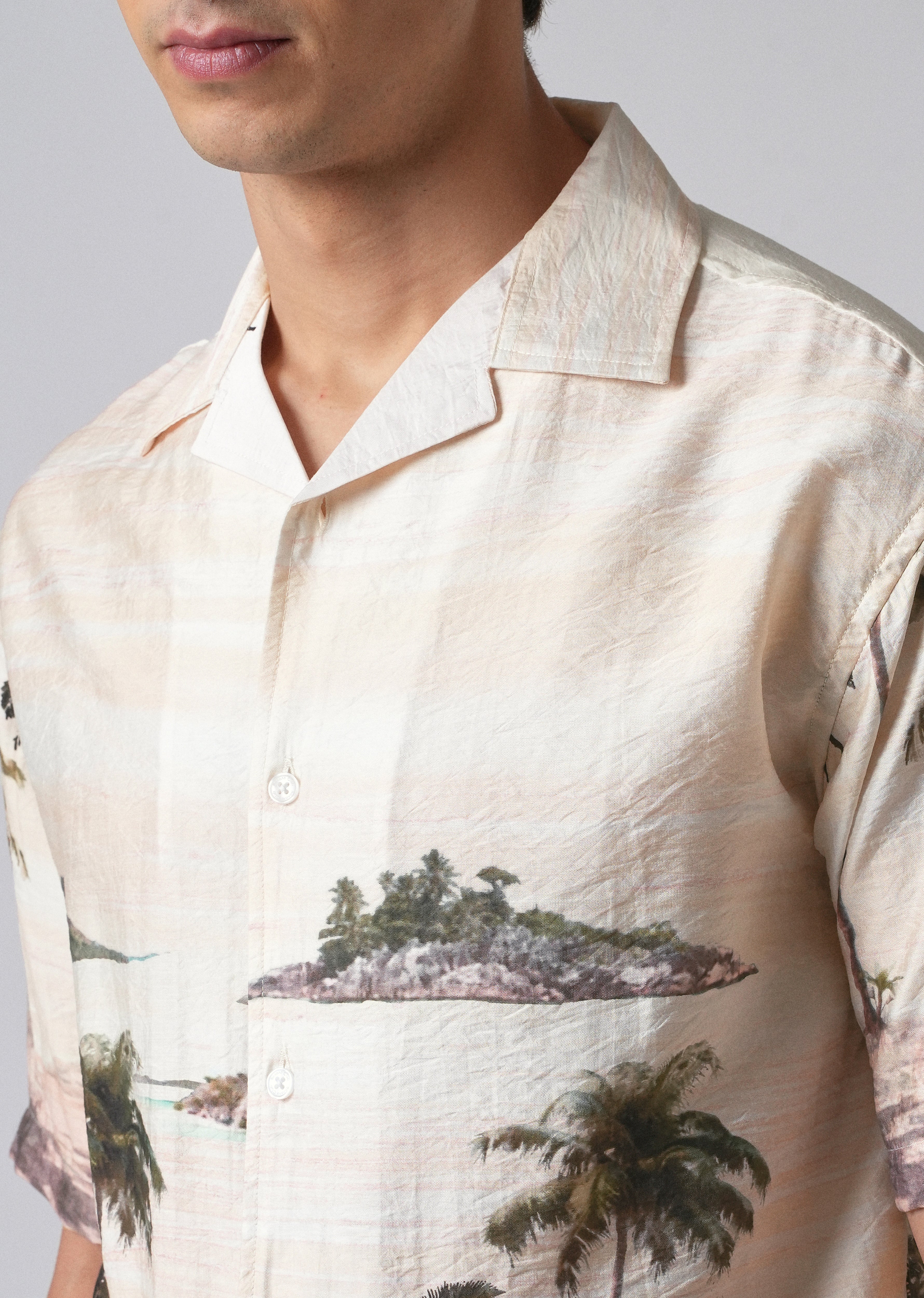 Cream Tropical Palm Print Shirt