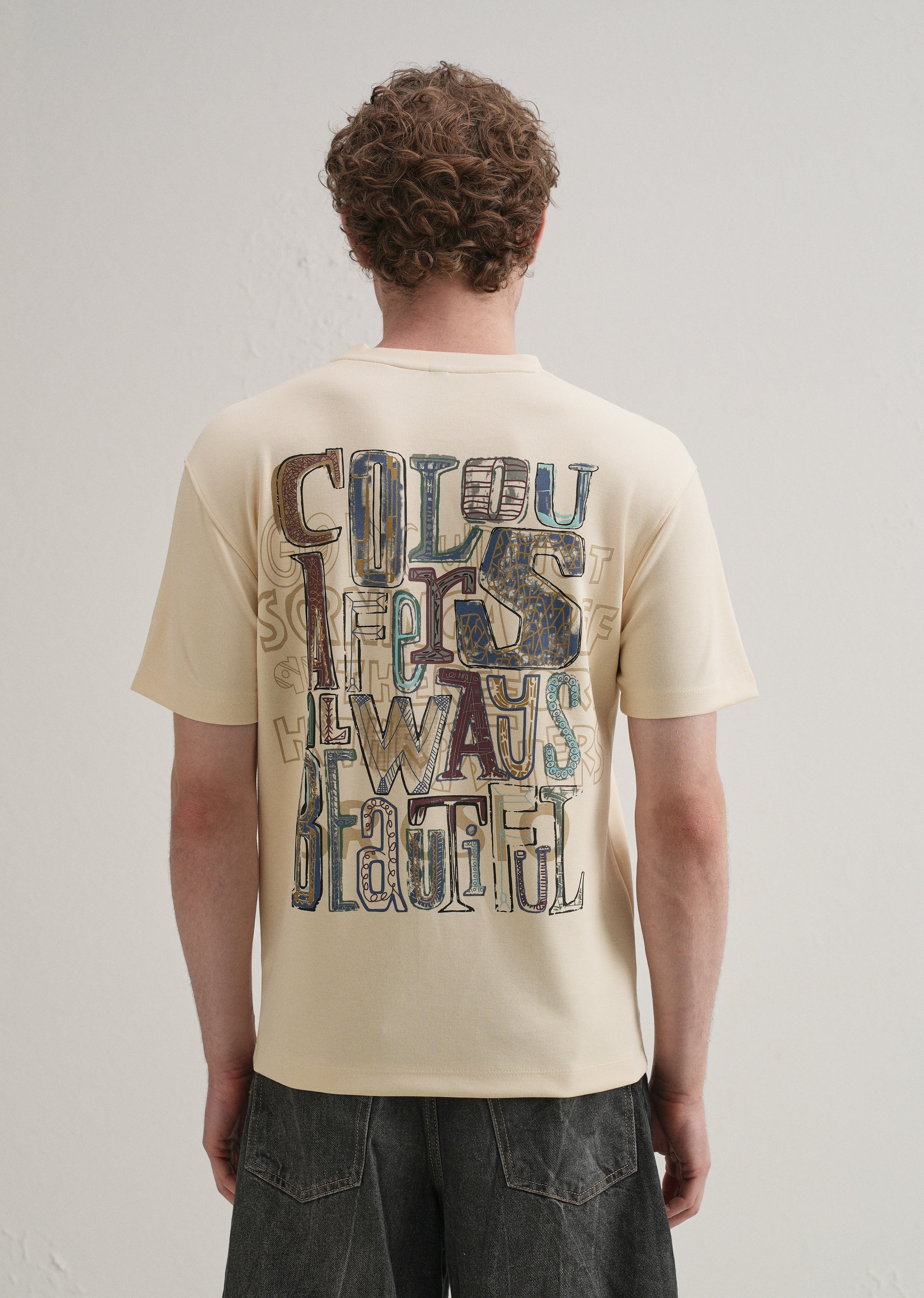 Cream Typography Printed T-shirt
