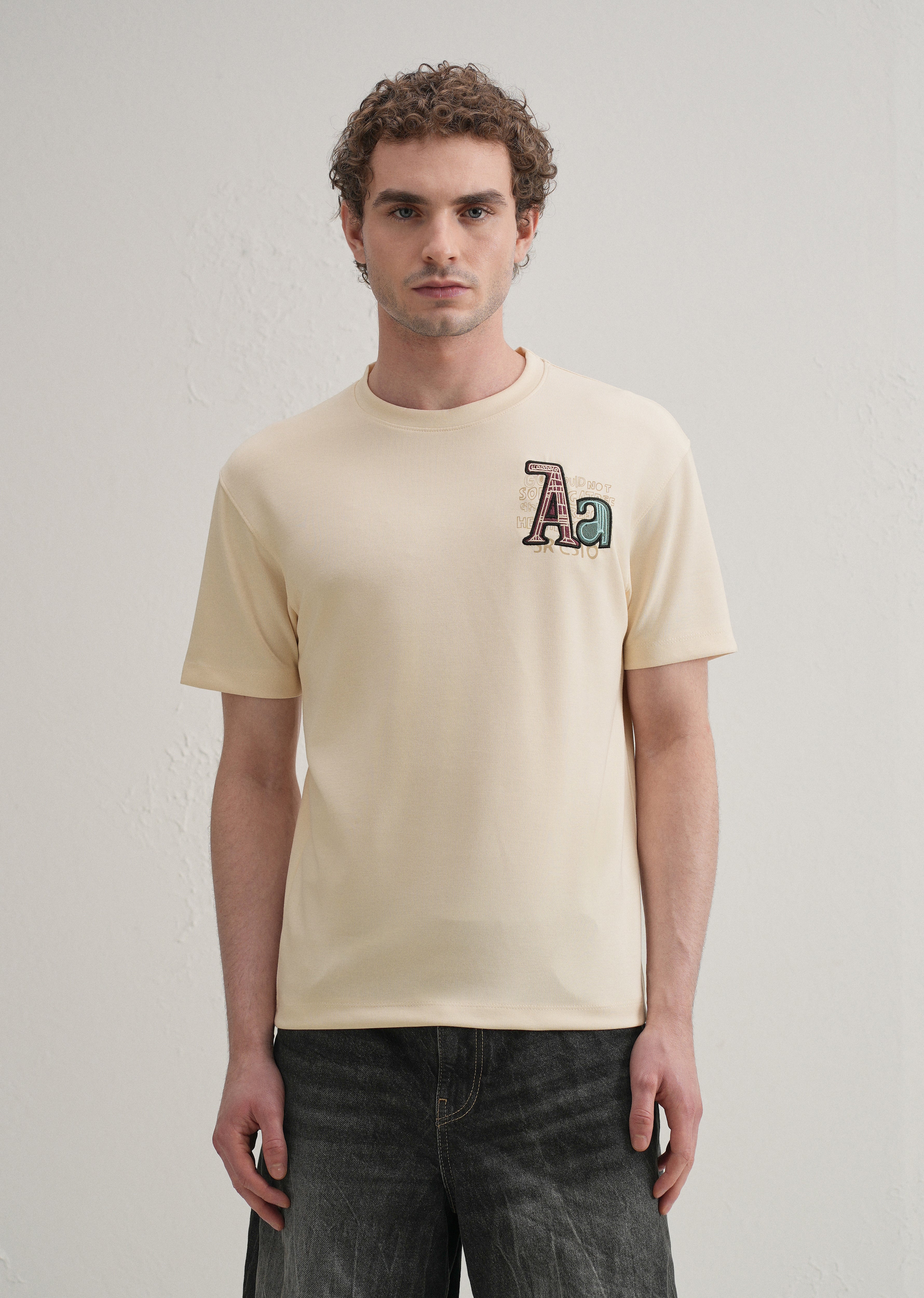 Cream Typography Printed T-shirt