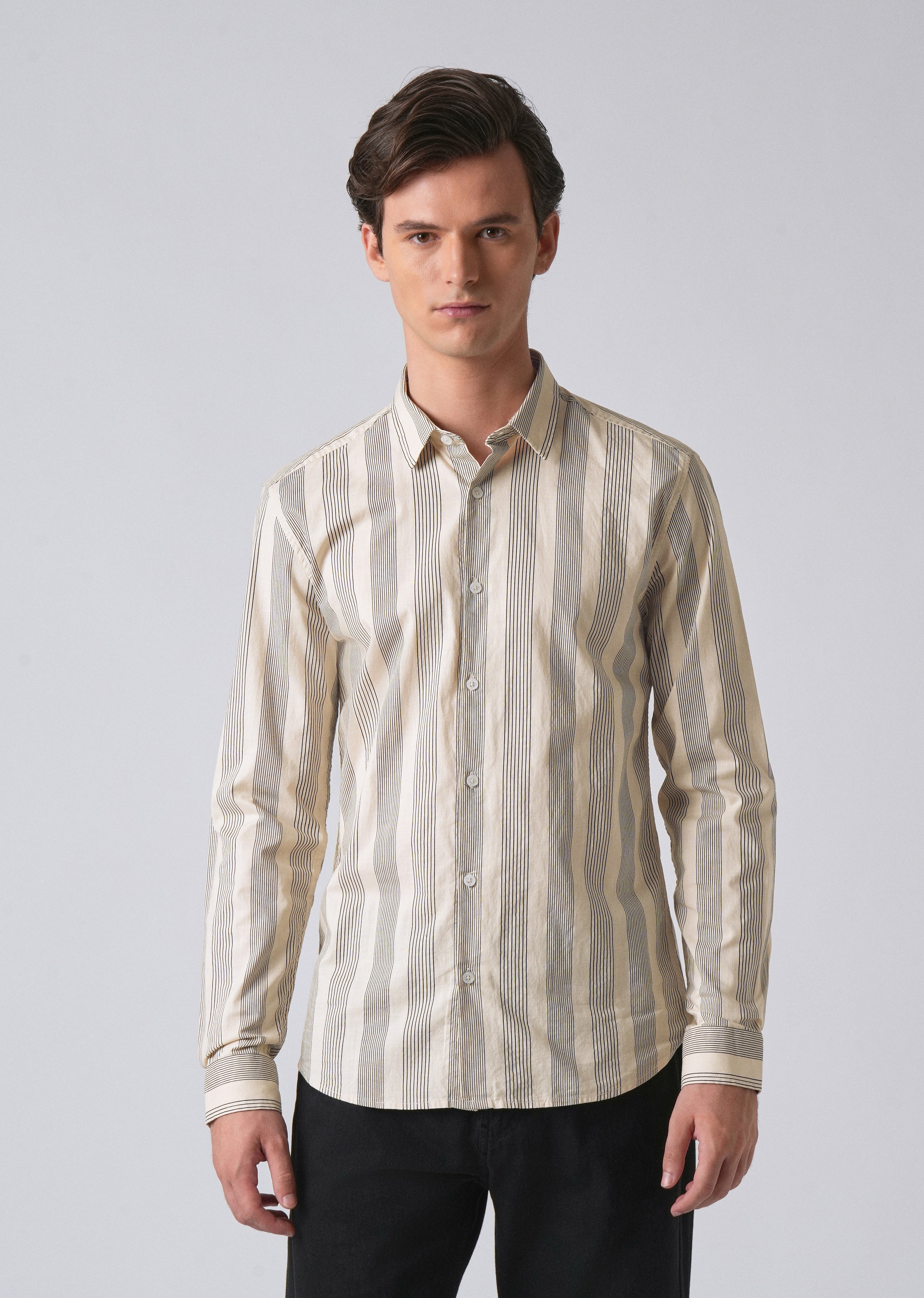 Cream Vertical Pin Stripe Cotton/Linen Shirt