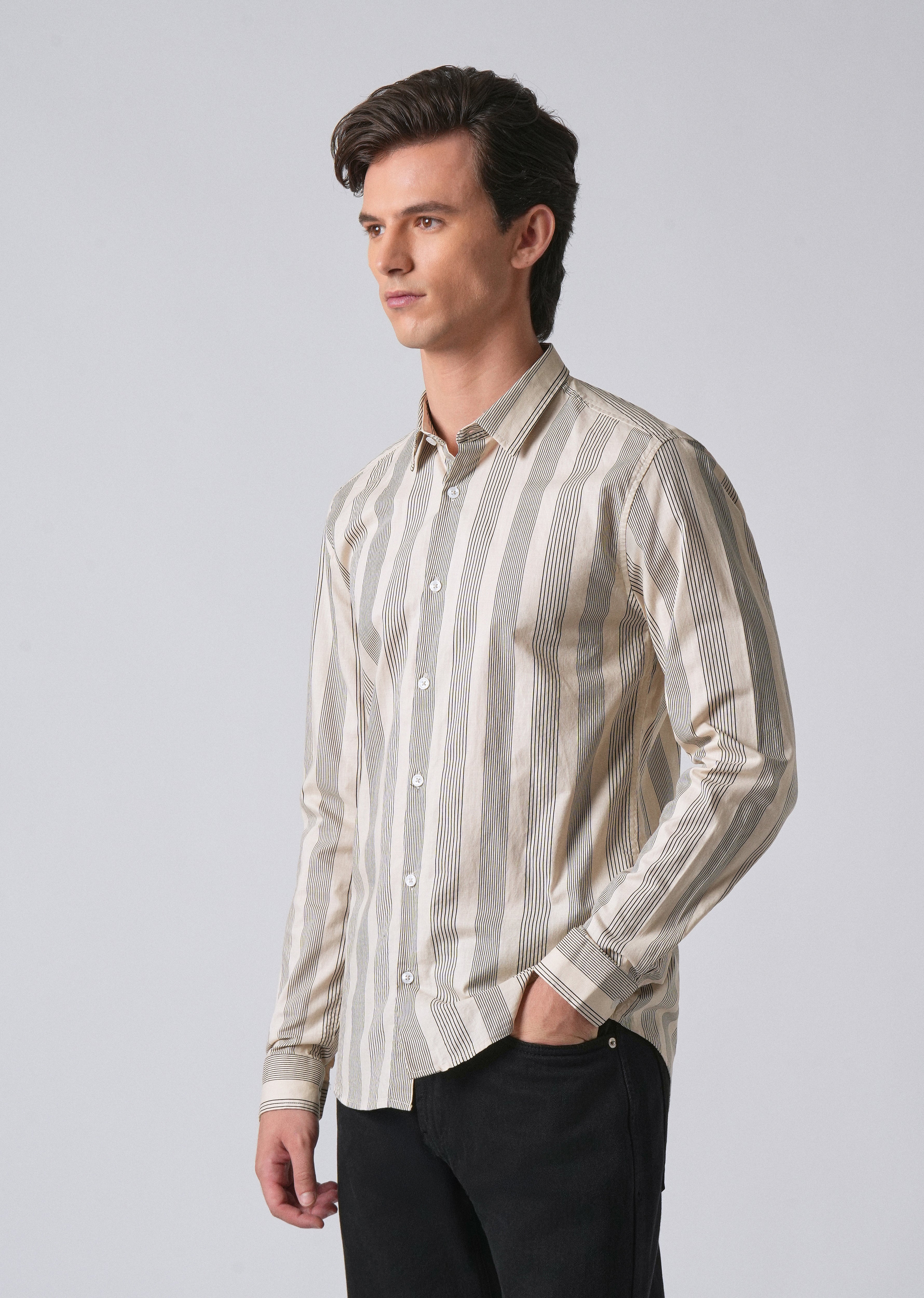 Cream Vertical Pin Stripe Cotton/Linen Shirt