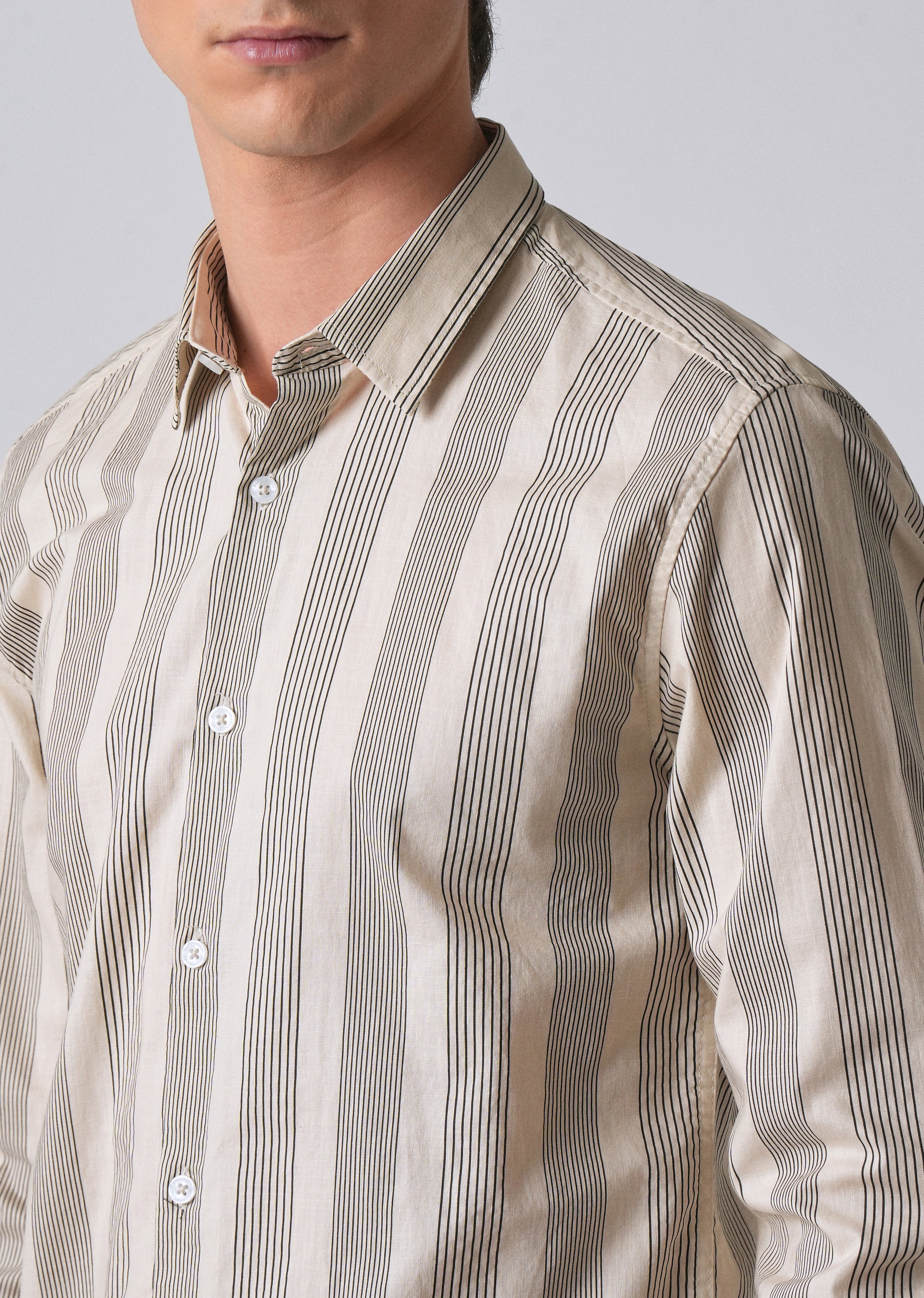 Cream Vertical Pin Stripe Cotton/Linen Shirt
