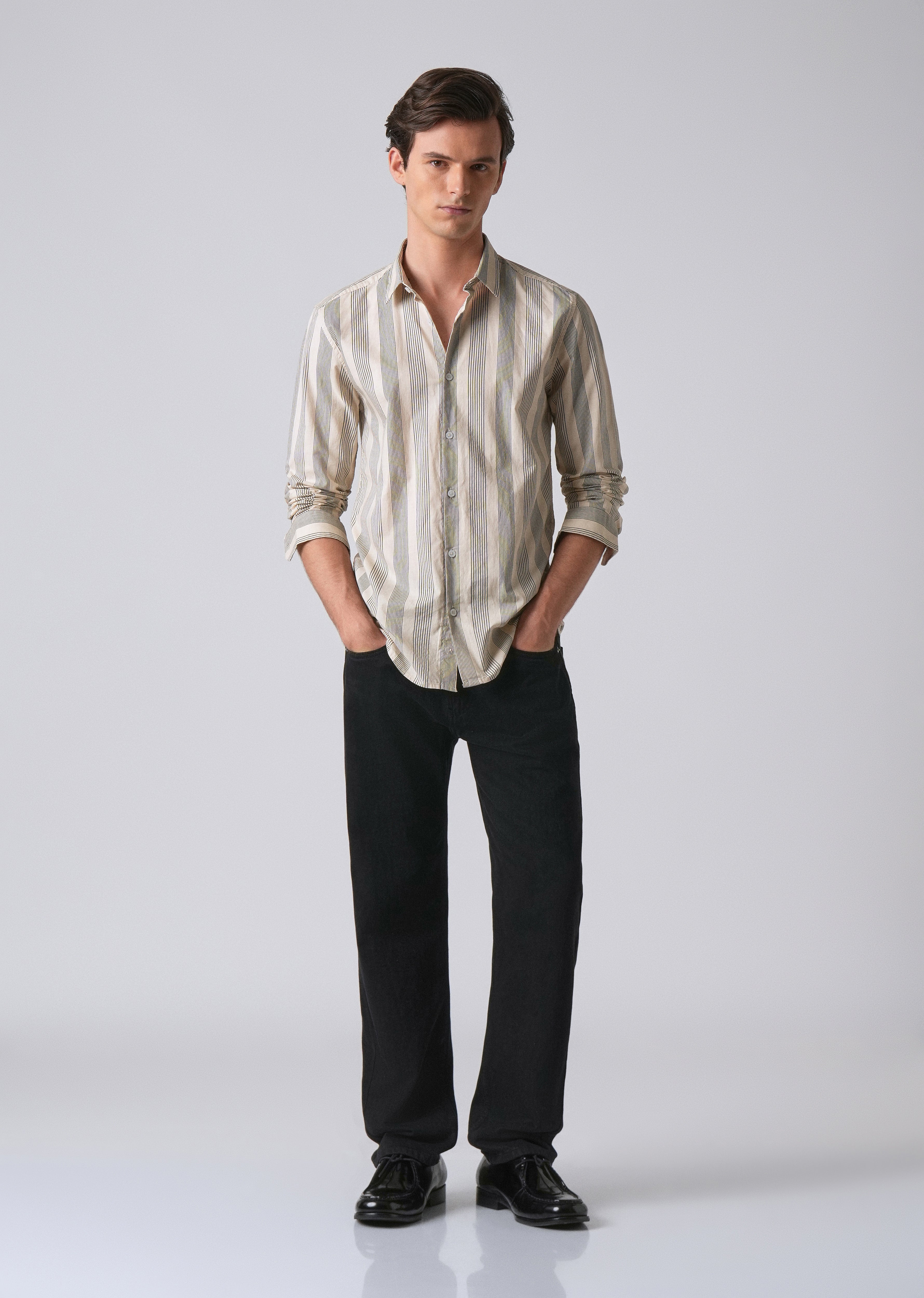 Cream Vertical Pin Stripe Cotton/Linen Shirt