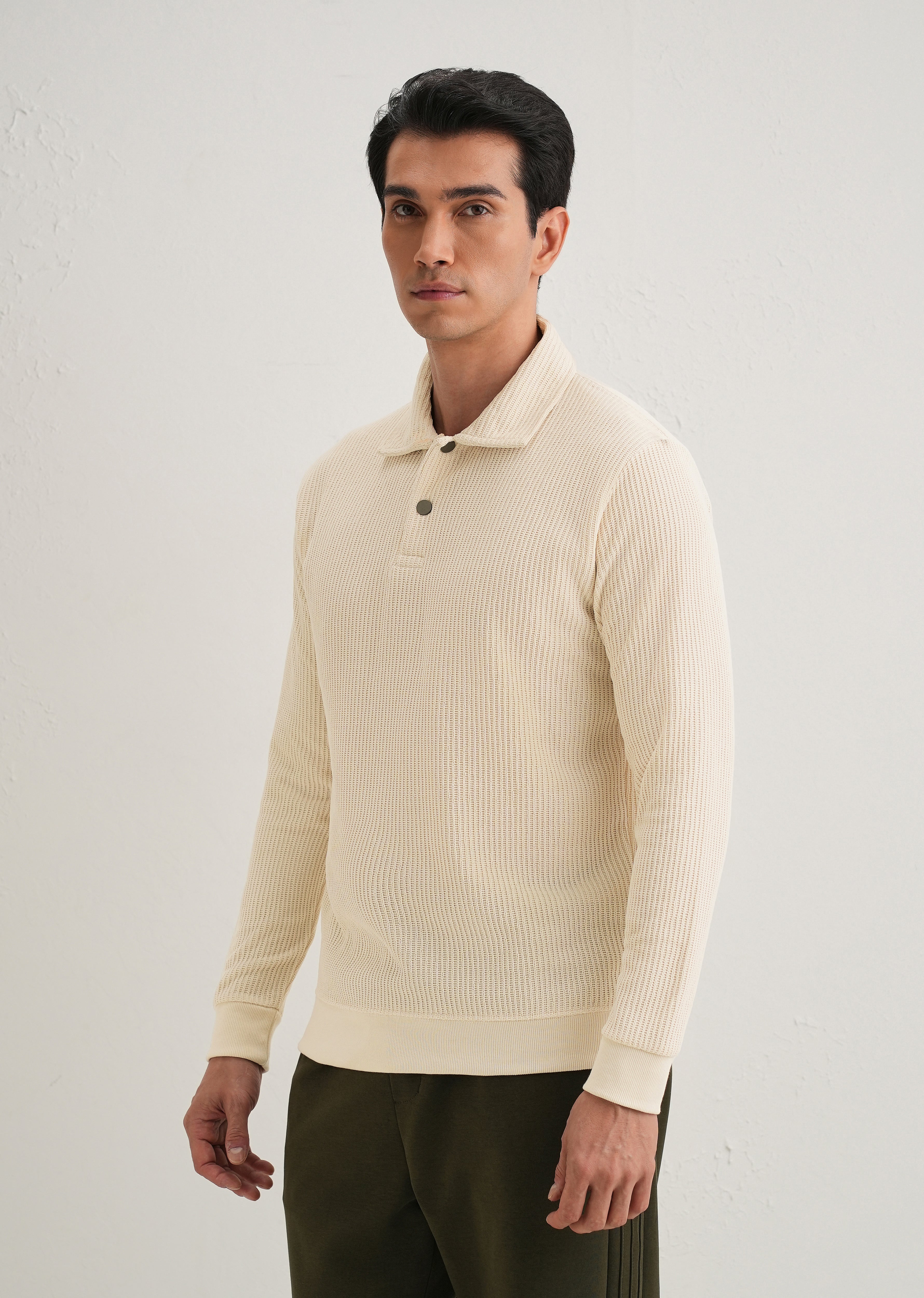 Cream Waffle Knit Polo Sweatshirt