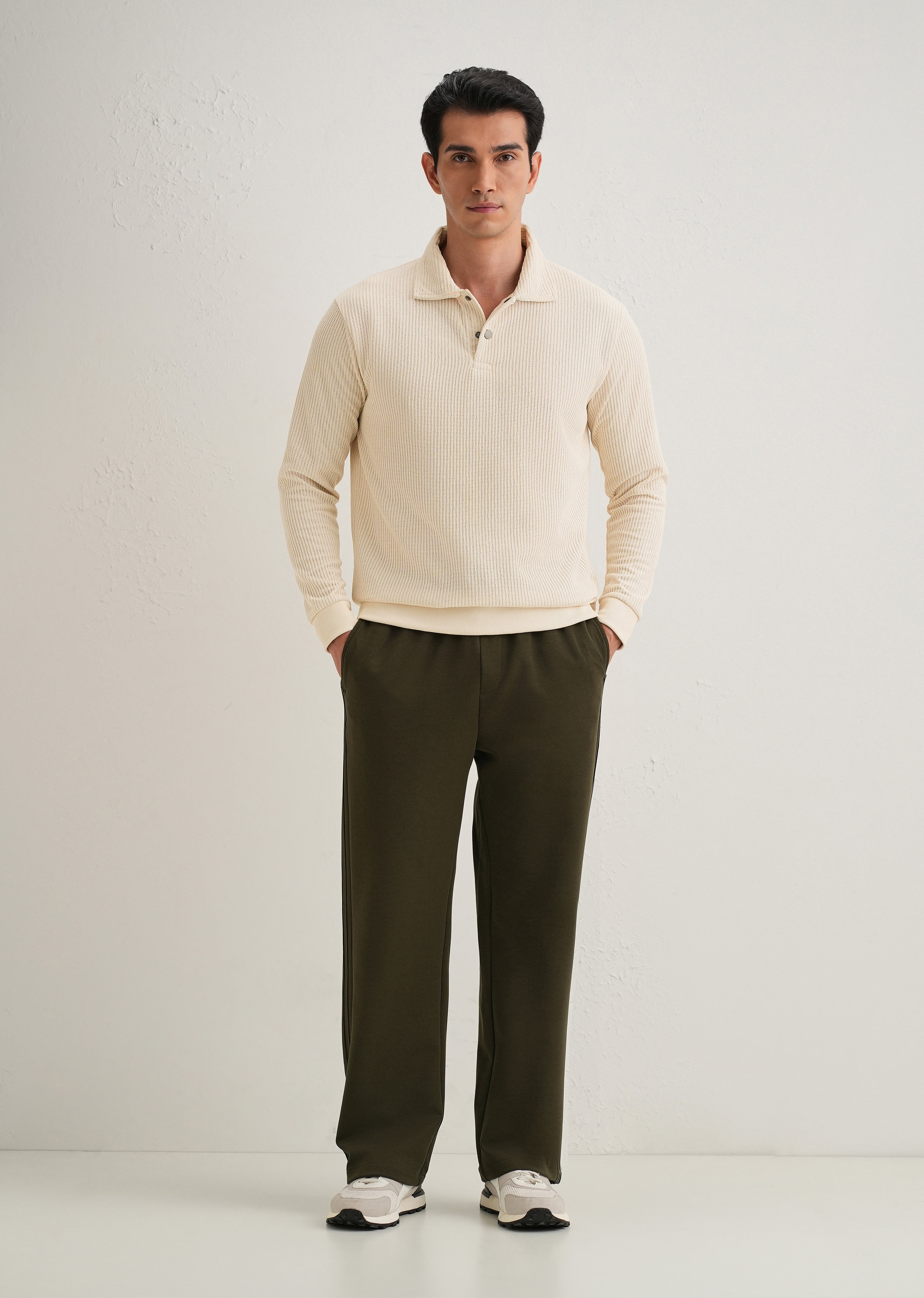 Cream Waffle Knit Polo Sweatshirt