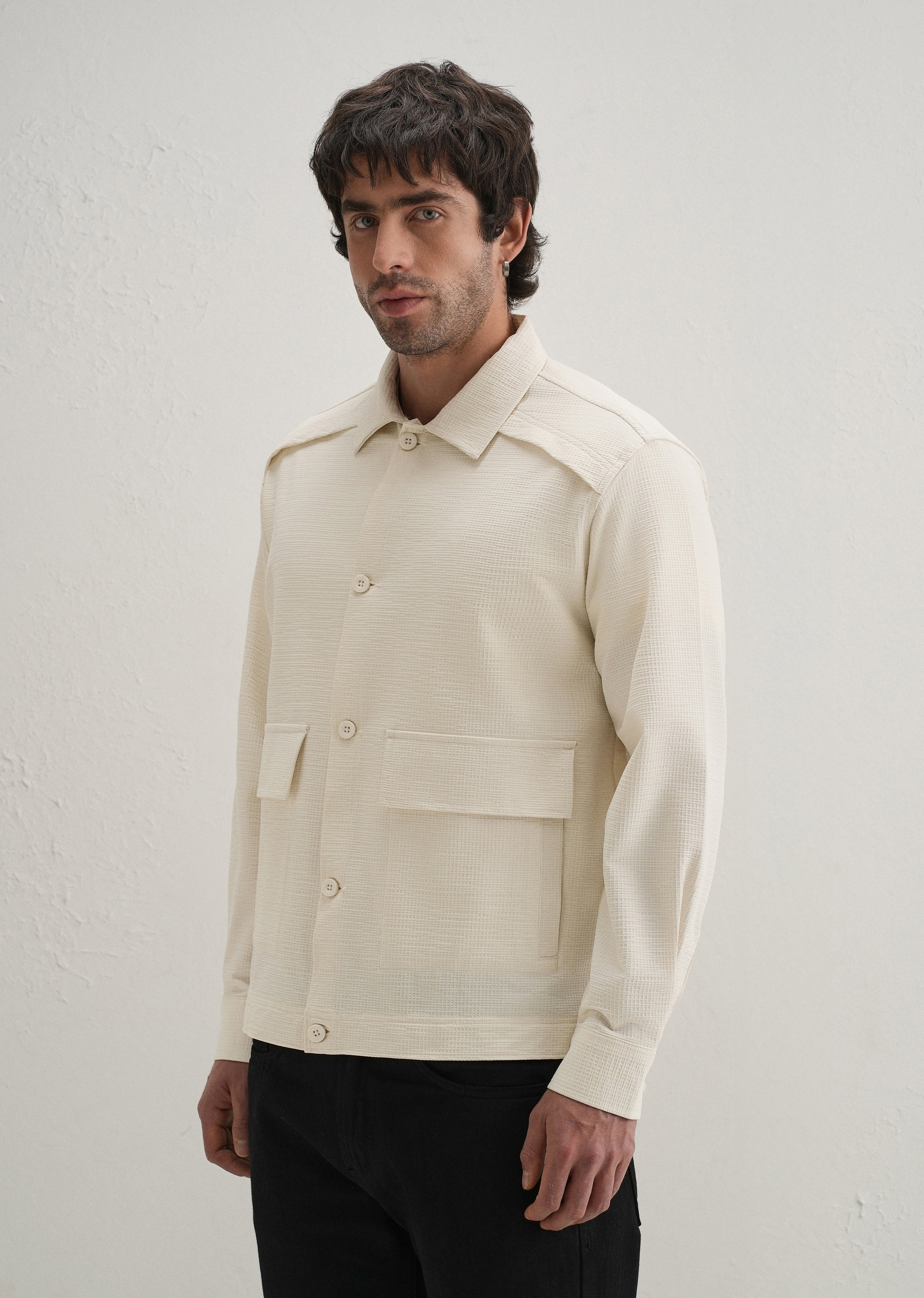 Cream Waffle Textured Shacket