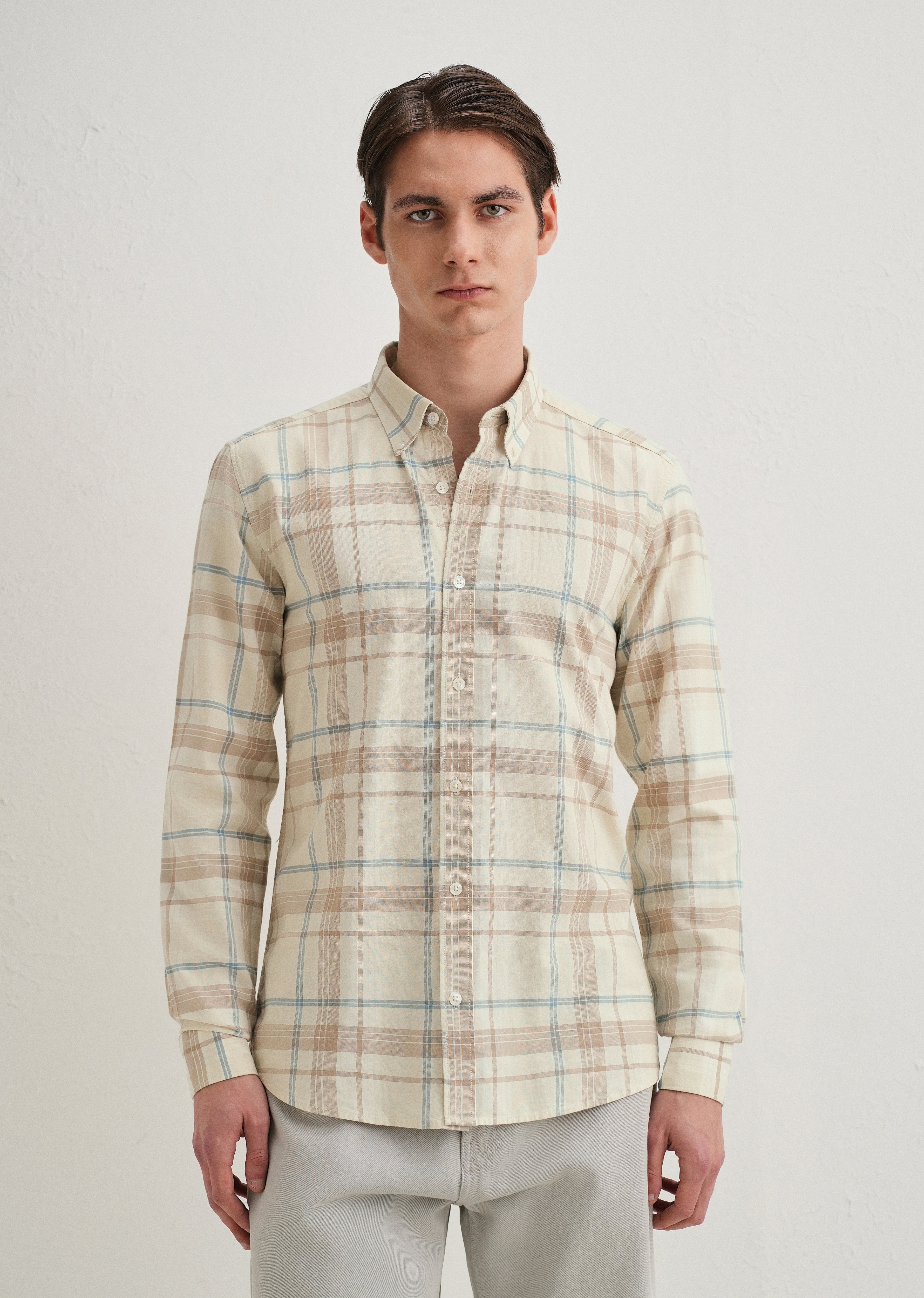 Cream Windowpane Plaid Check Shirt