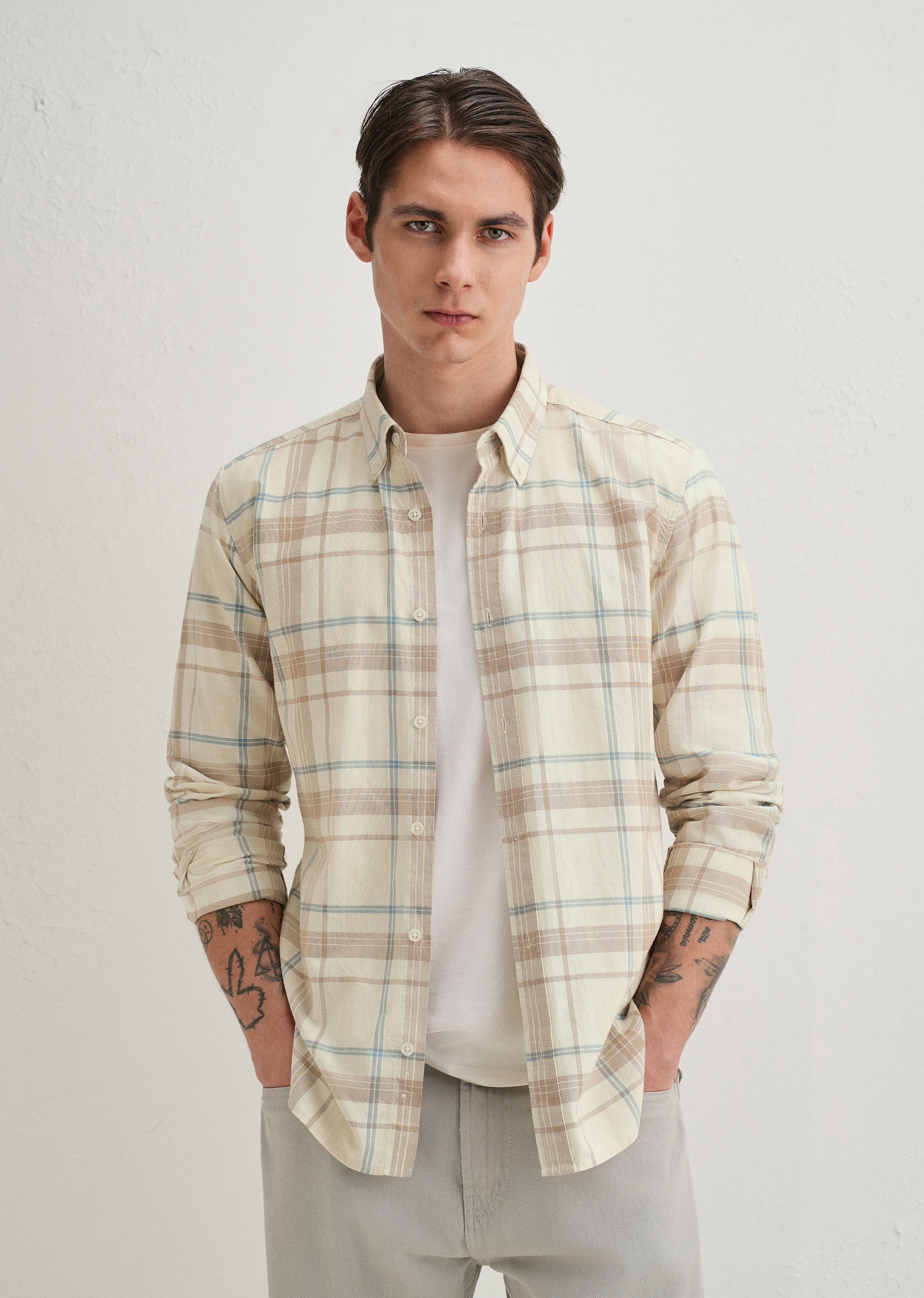 Cream Windowpane Plaid Check Shirt