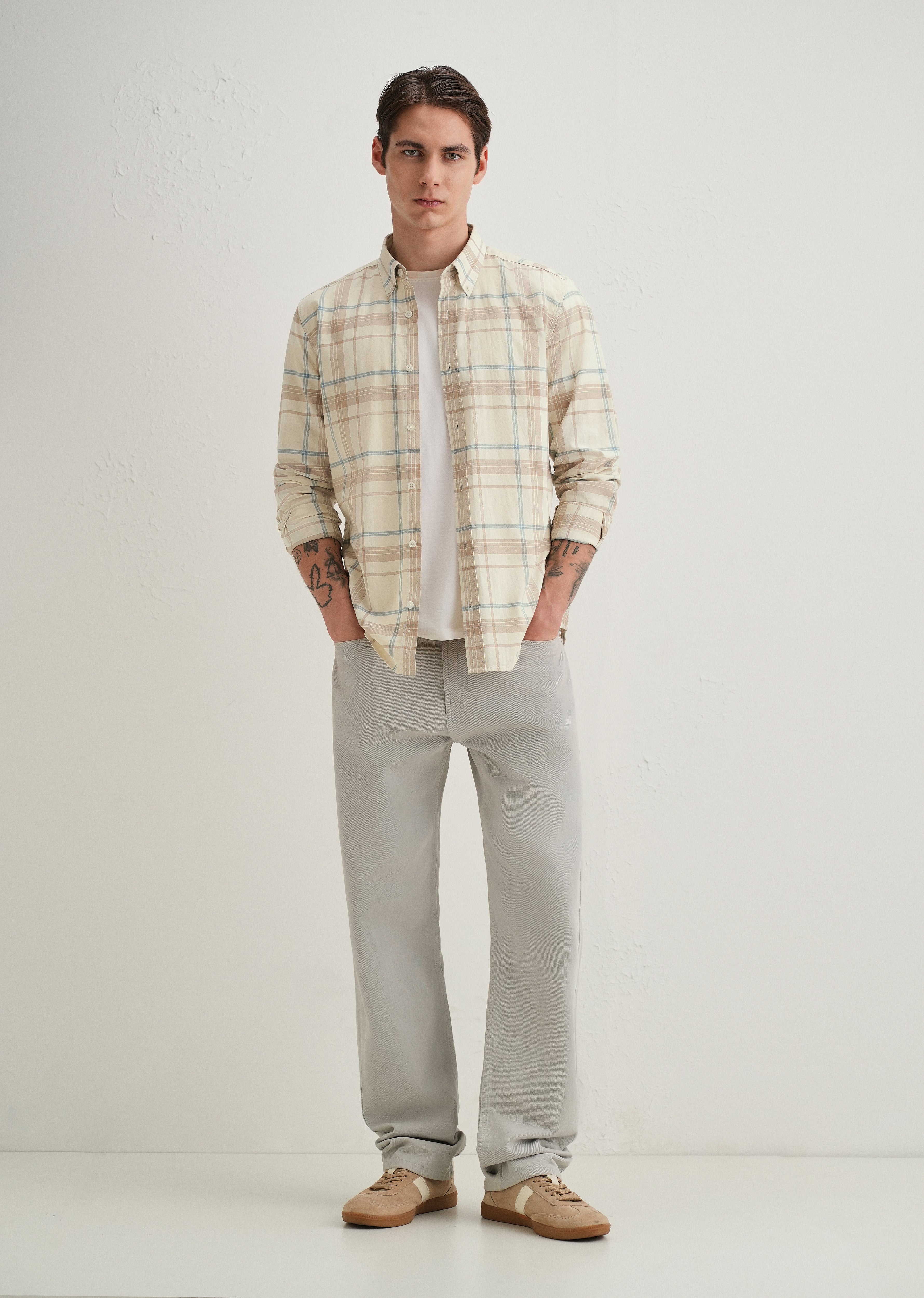 Cream Windowpane Plaid Check Shirt