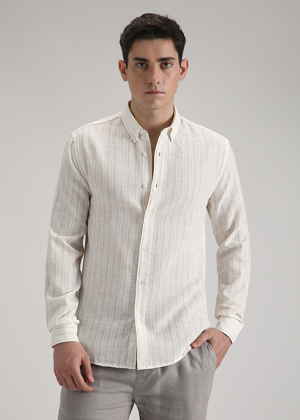 Cream Yellow Linen Stripe Shirt