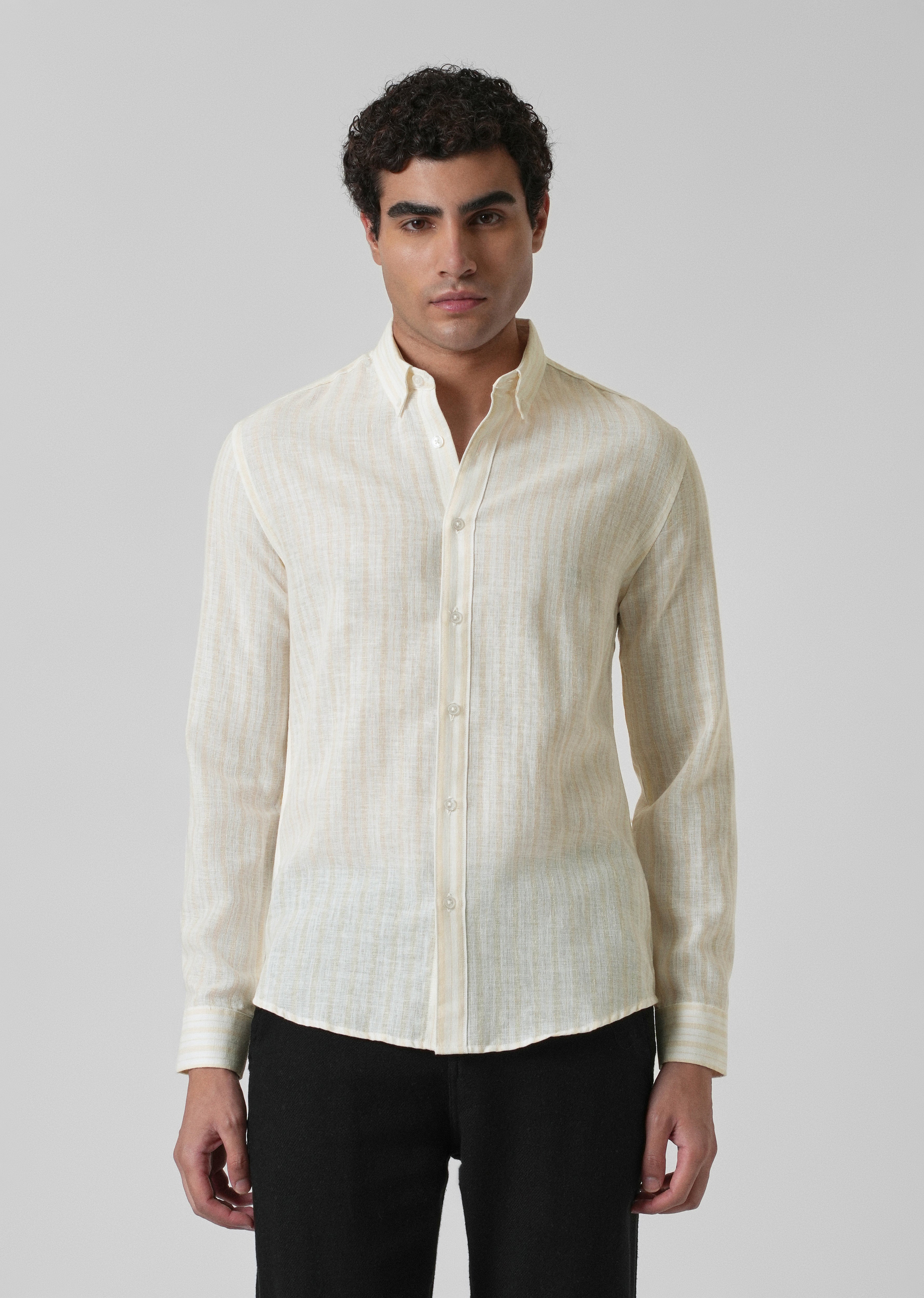 Cream Yellow Linen Stripe Shirt