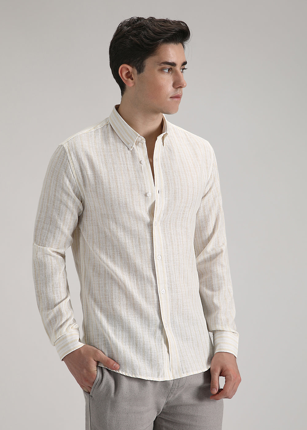 Cream Yellow Linen Stripe Shirt