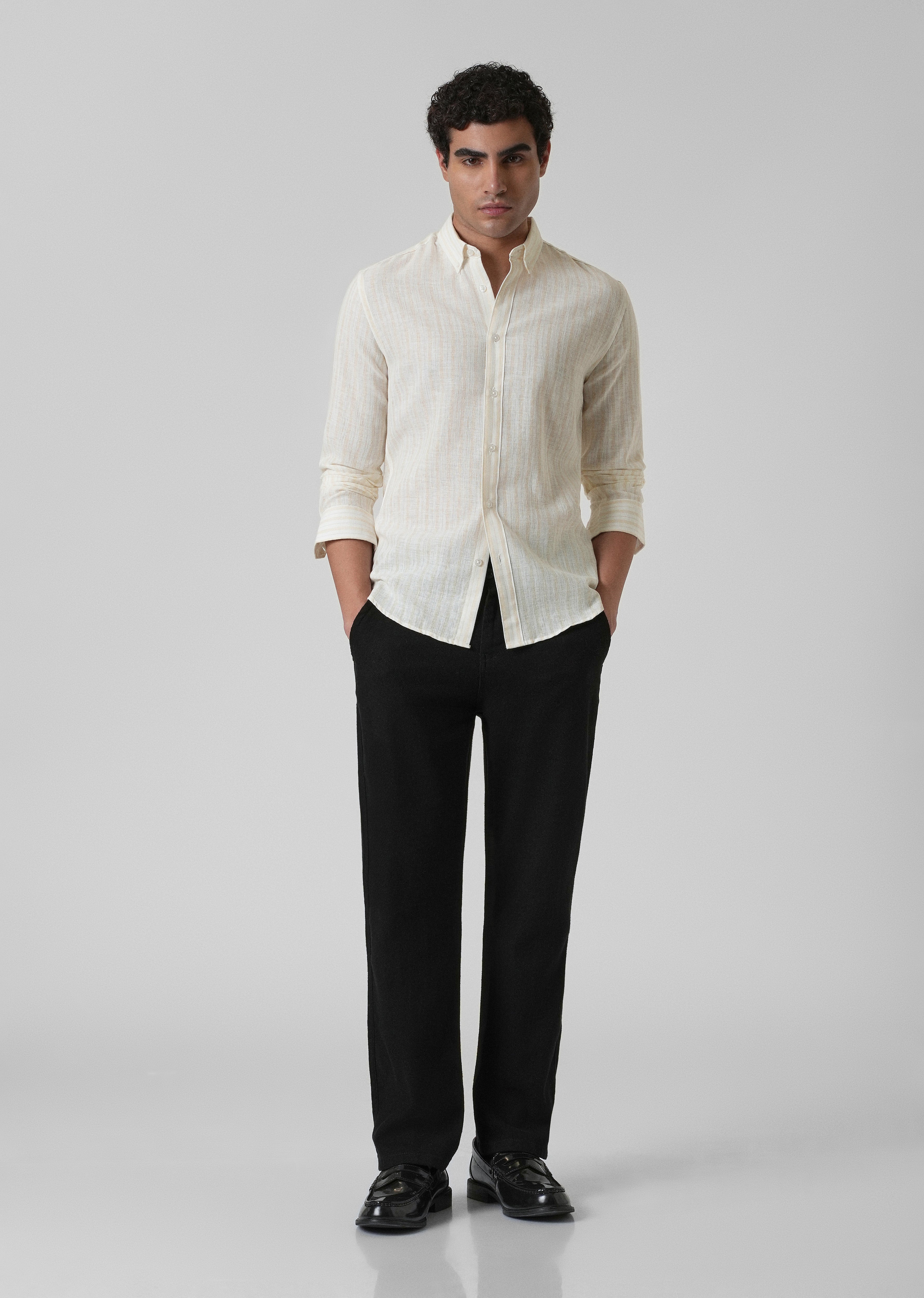 Cream Yellow Linen Stripe Shirt