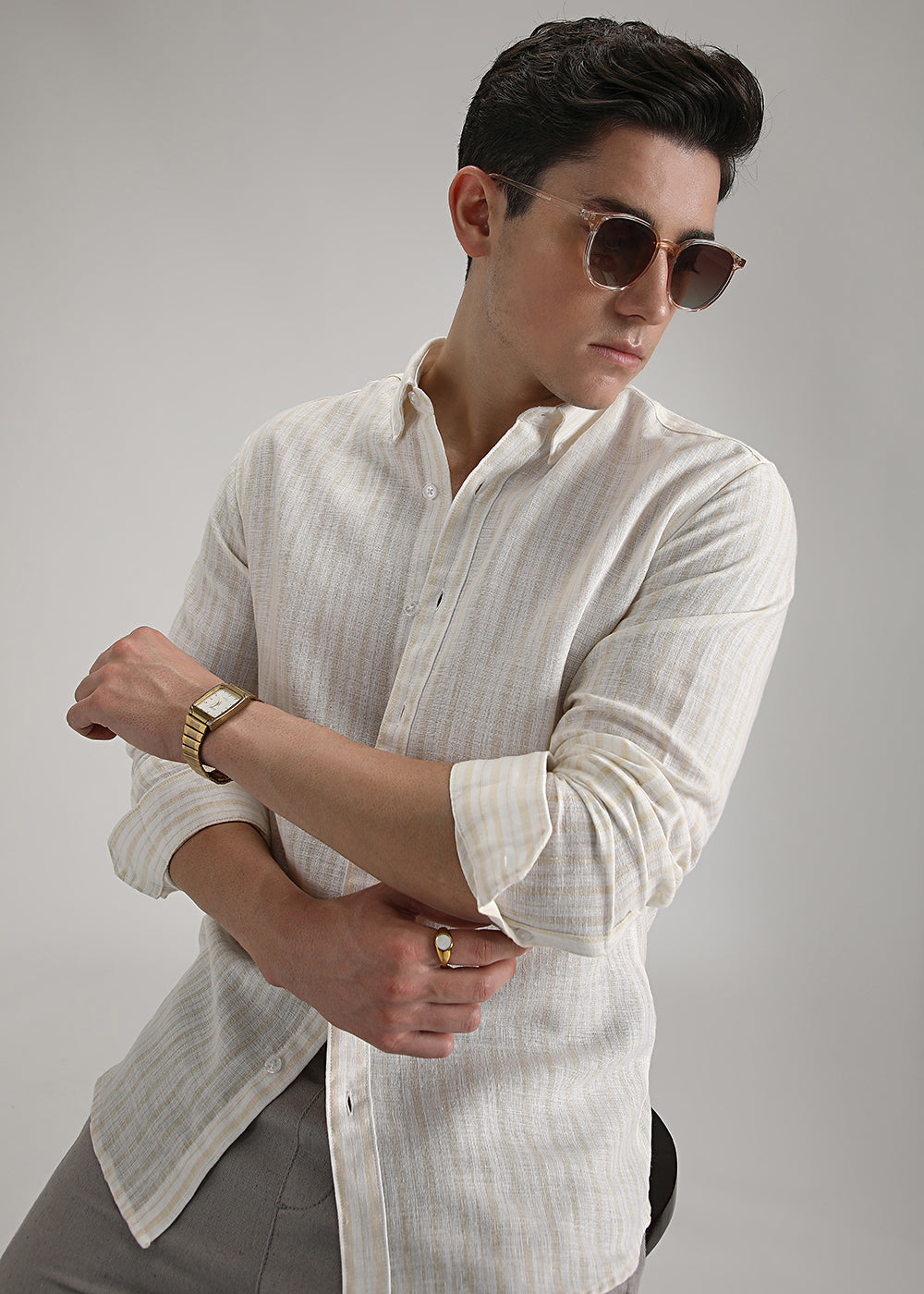 Cream Yellow Linen Stripe Shirt