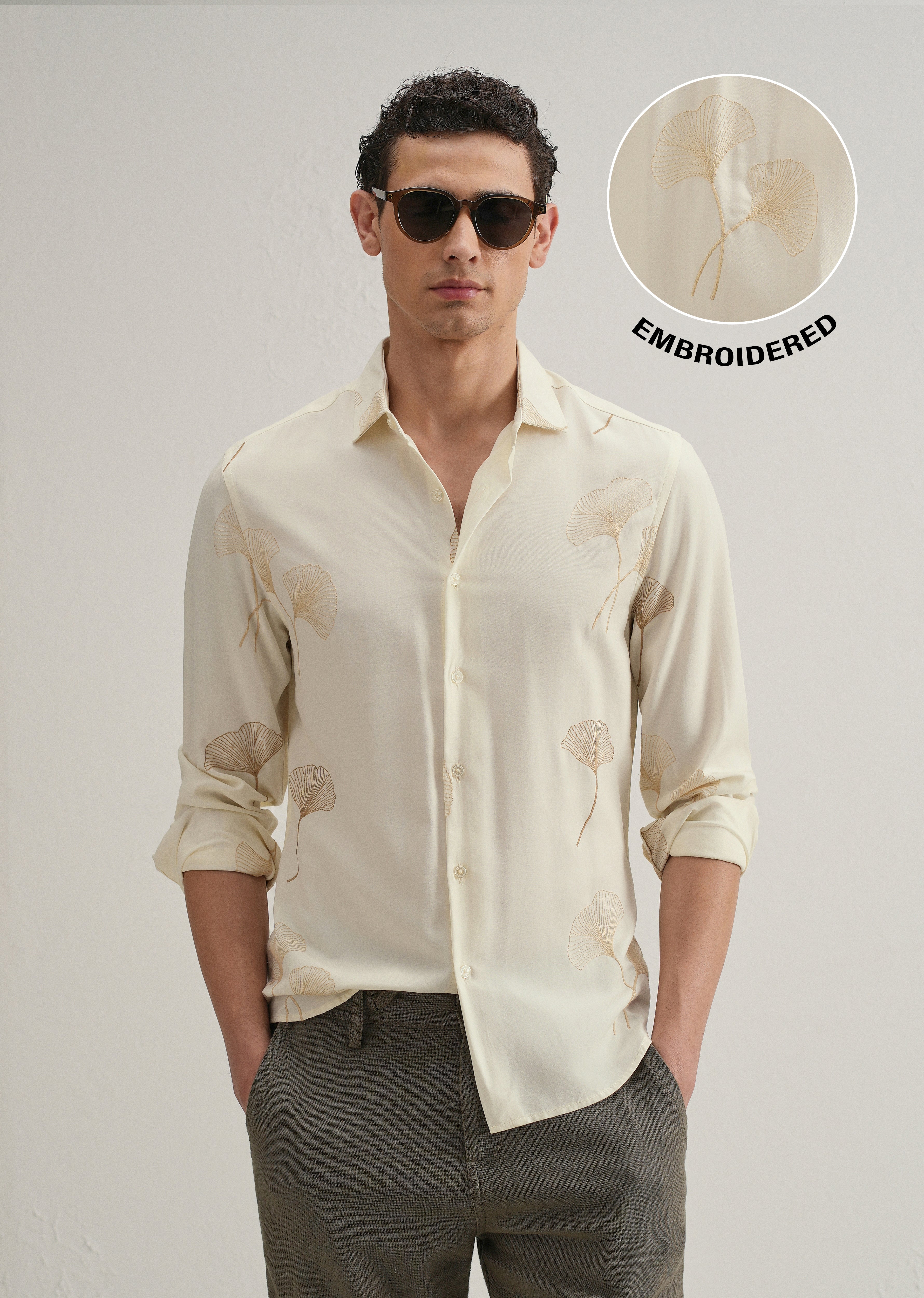 Cream Abstract Leaf Embroidery Shirt