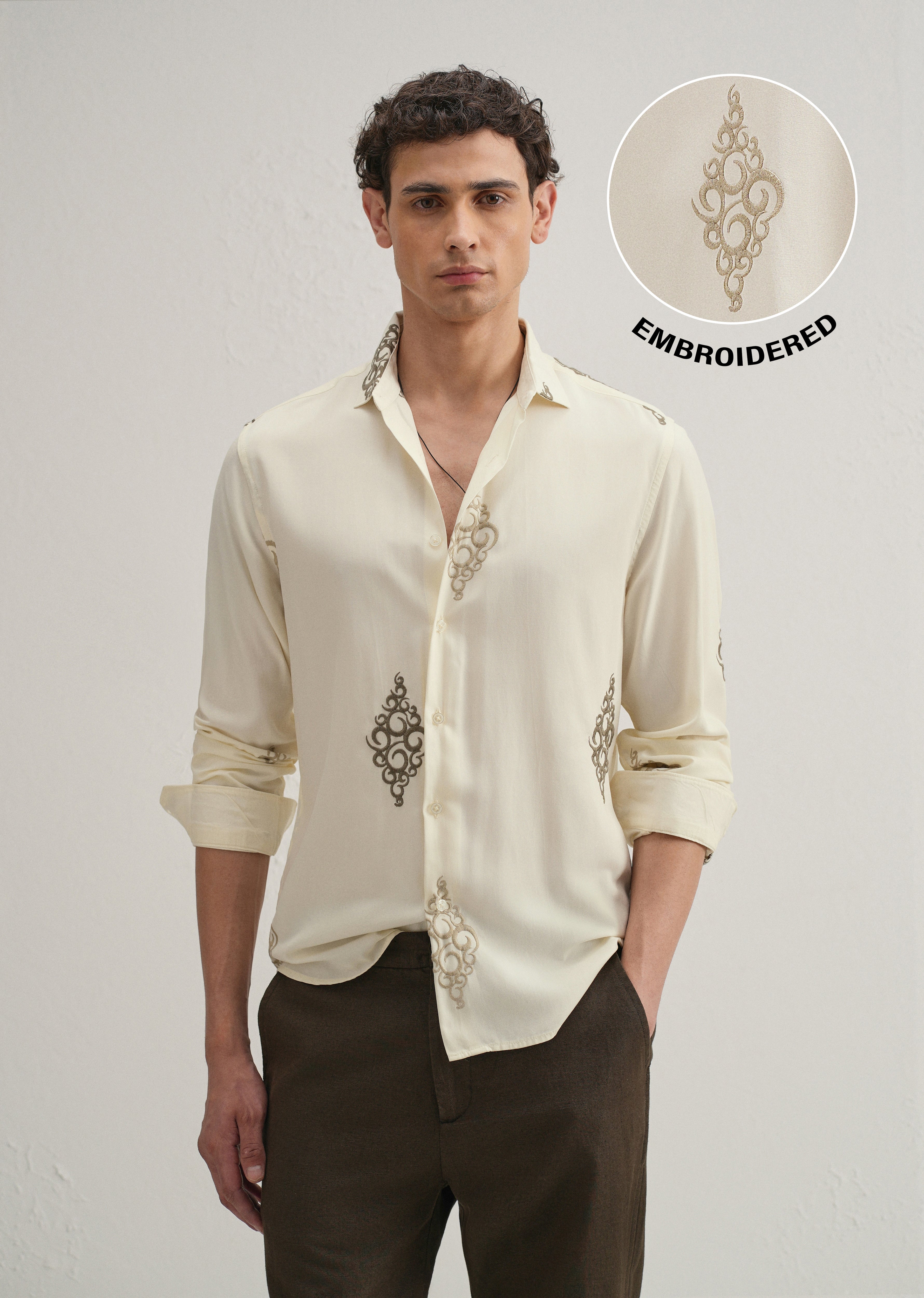Cream Circular Motif Embroidery Shirt