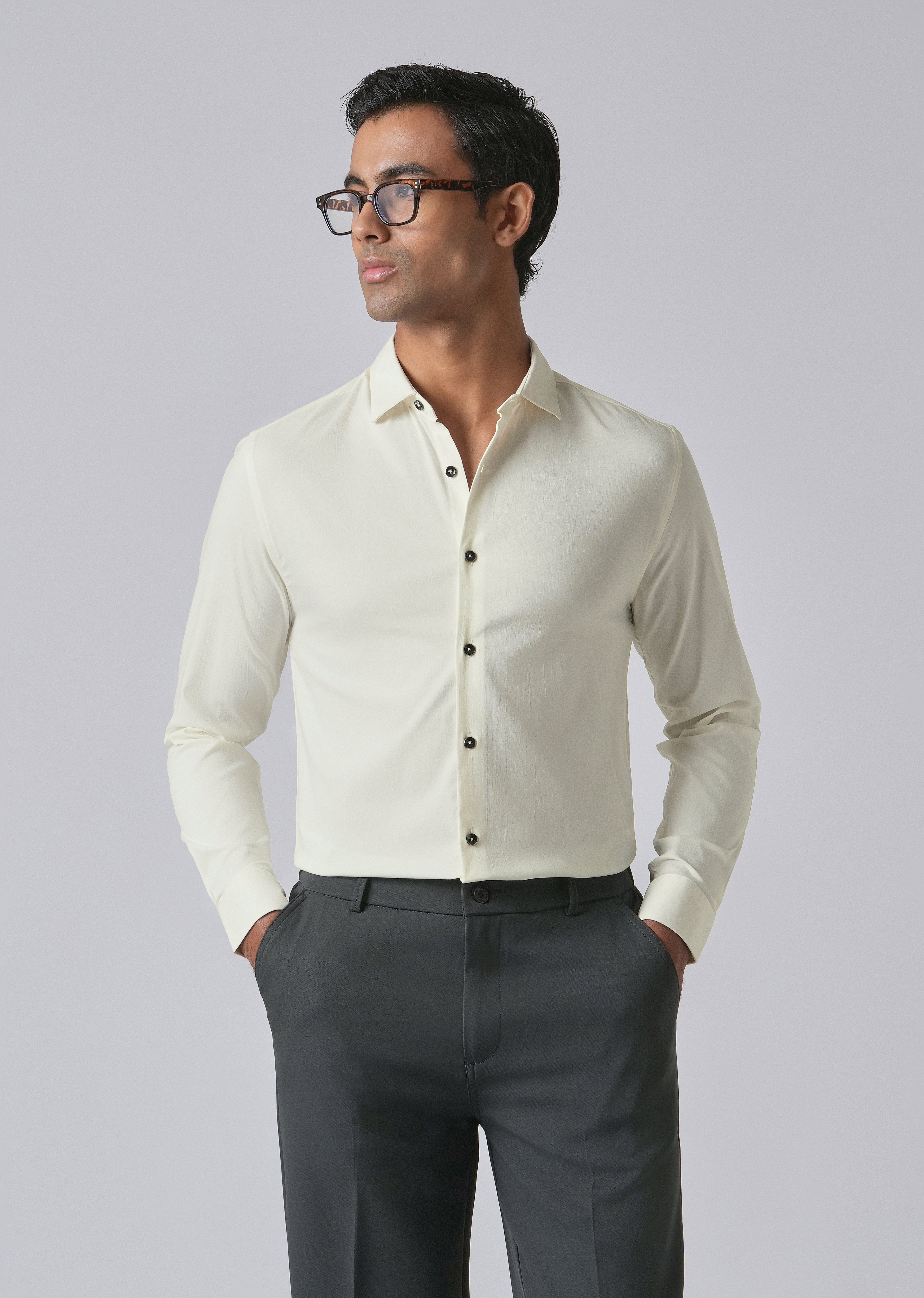 Cream Cotton Stretch Plain Shirt