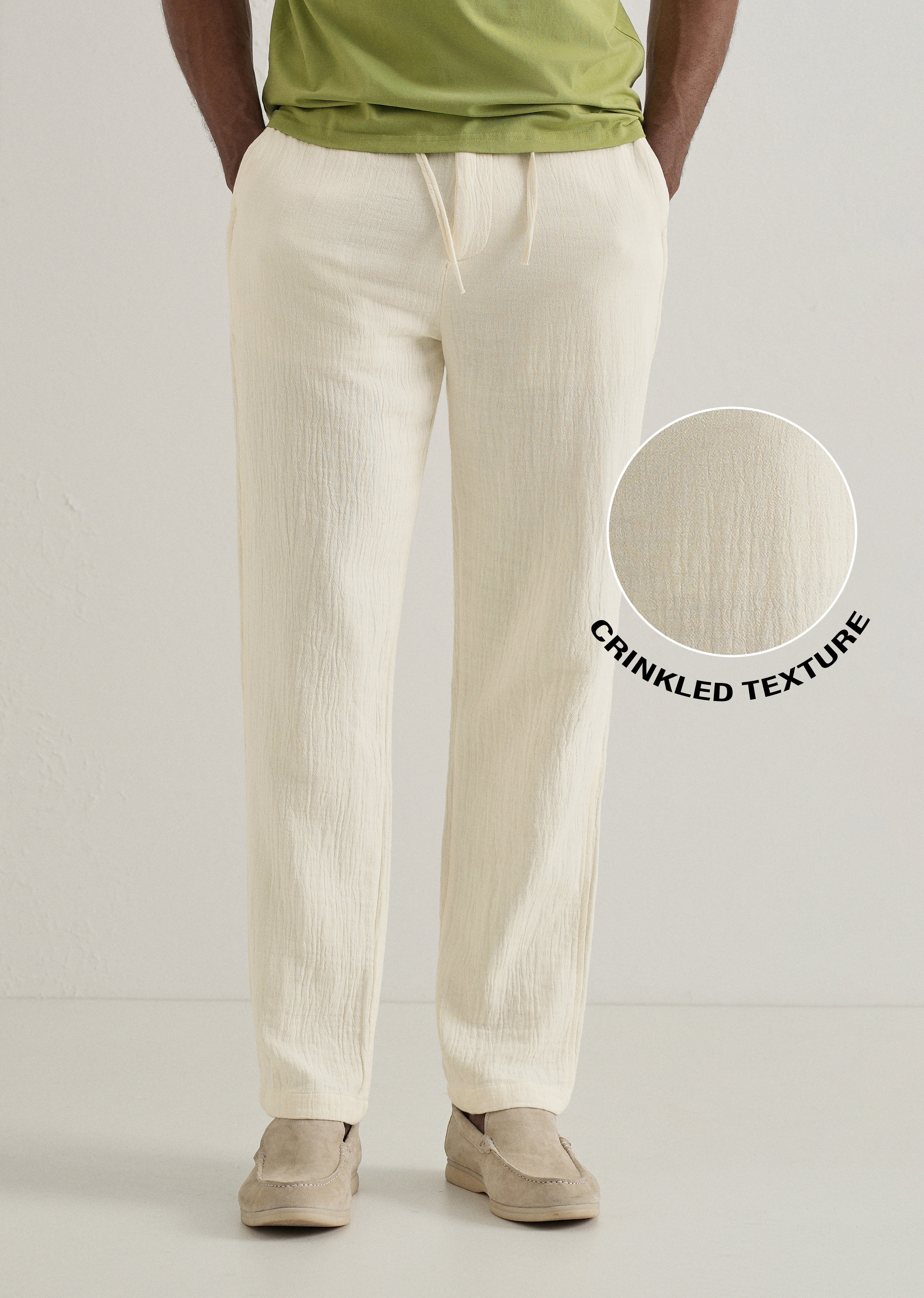 Cream Crinkled Cotton Trouser