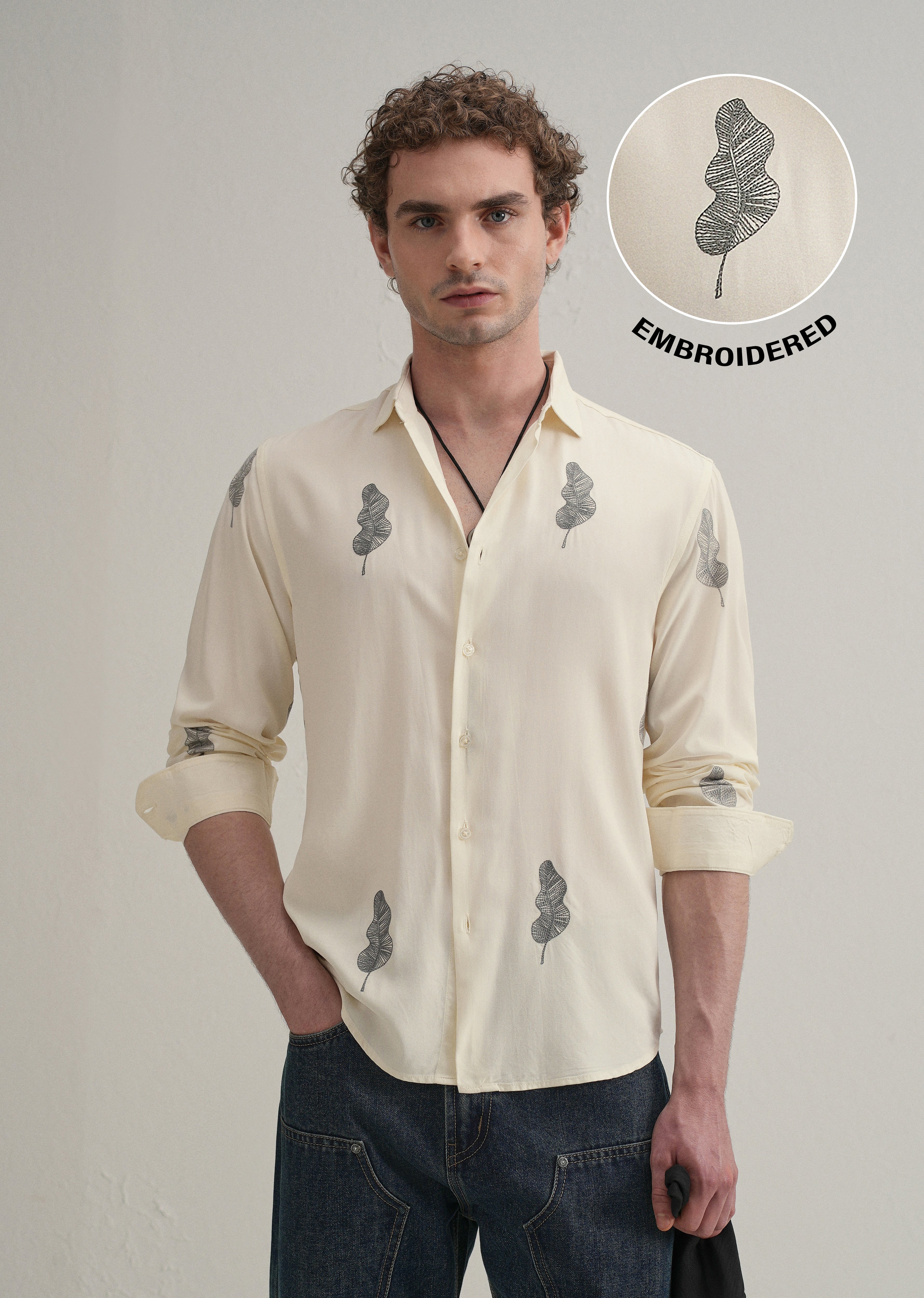 Cream Grey Leaf Motif Embroidery Shirt