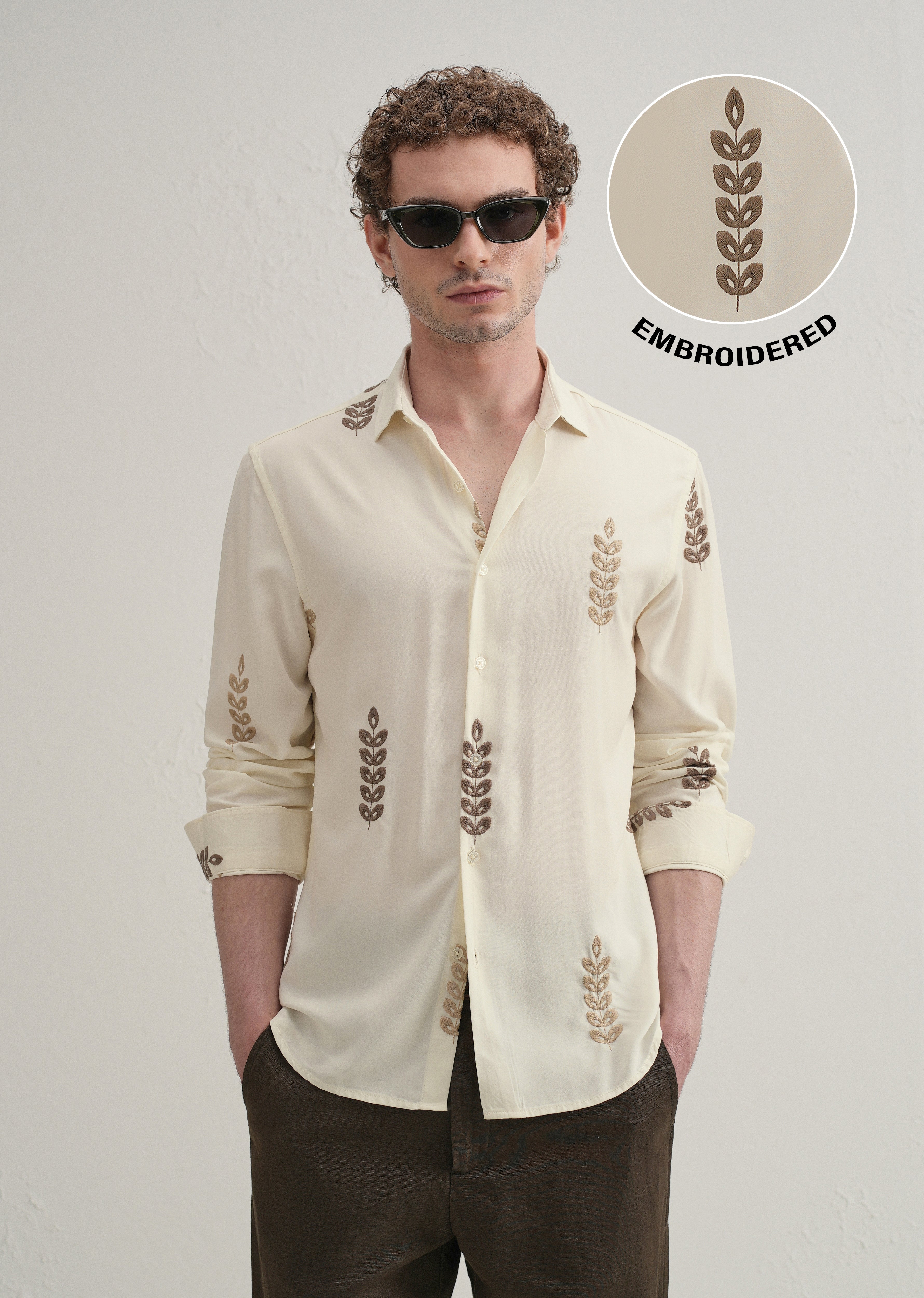 Cream Leaf Embroidery Shirt