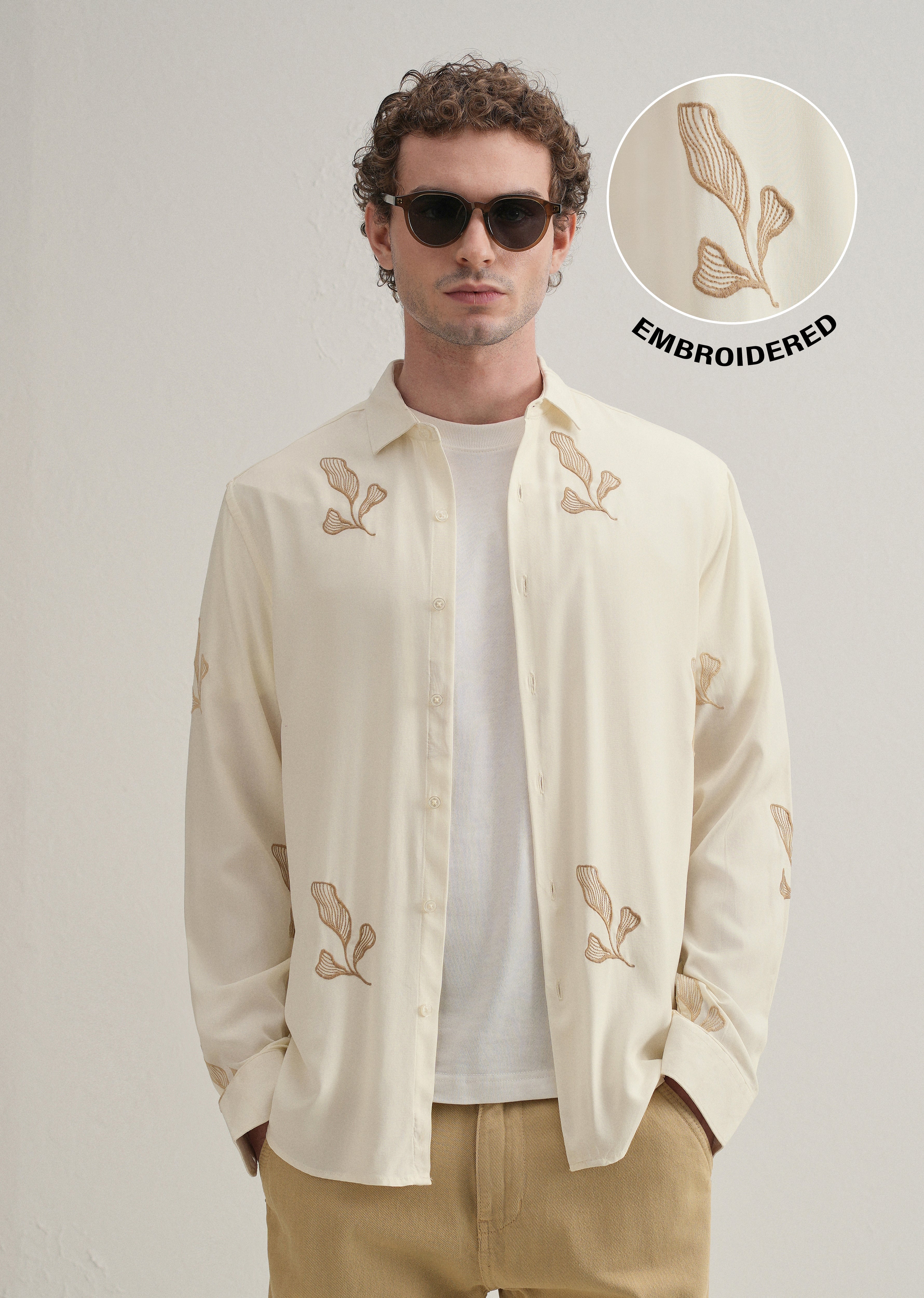 Cream Leaf Motif Embroidery Shirt