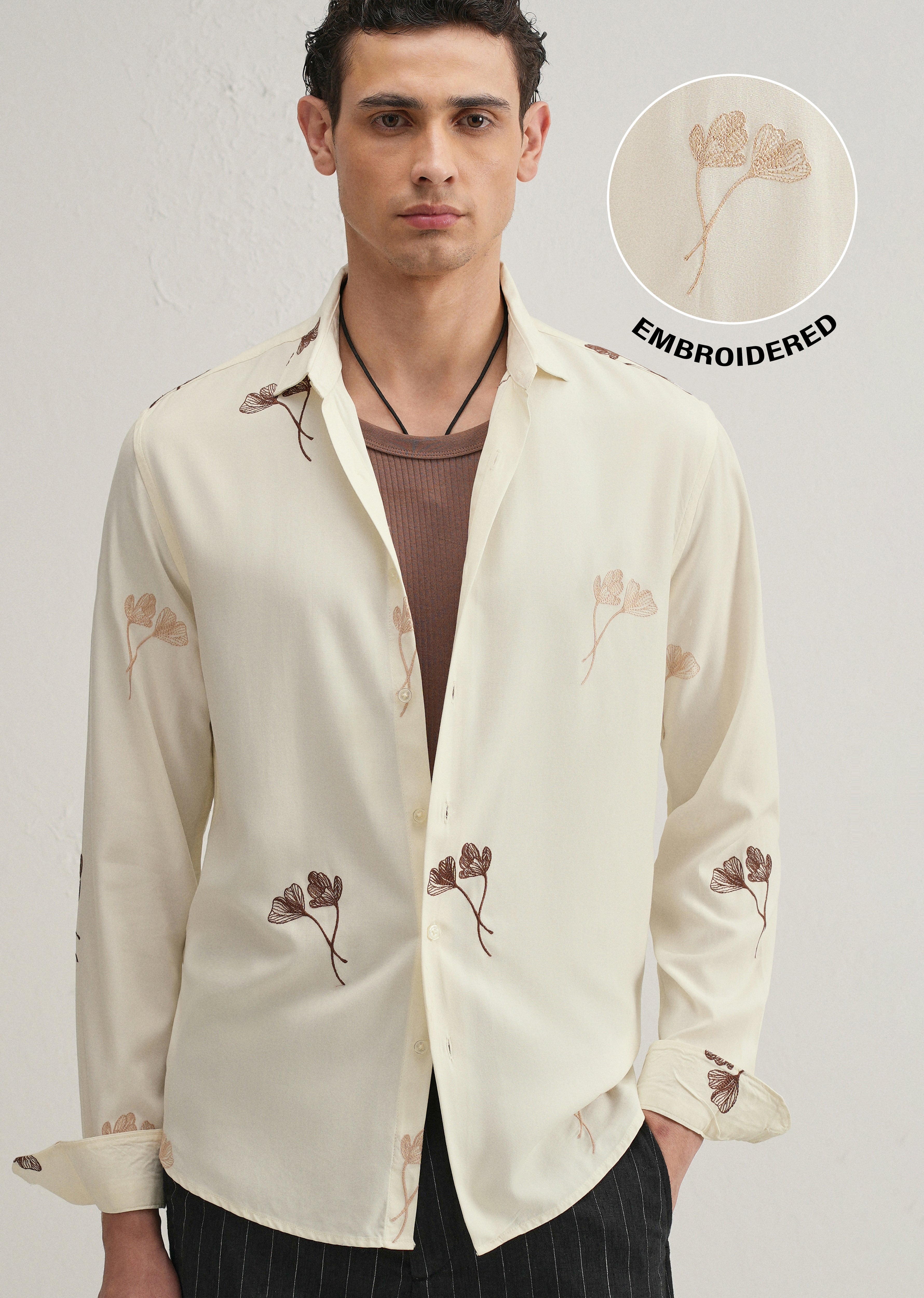 Cream Floral Motif Embroidery Shirt