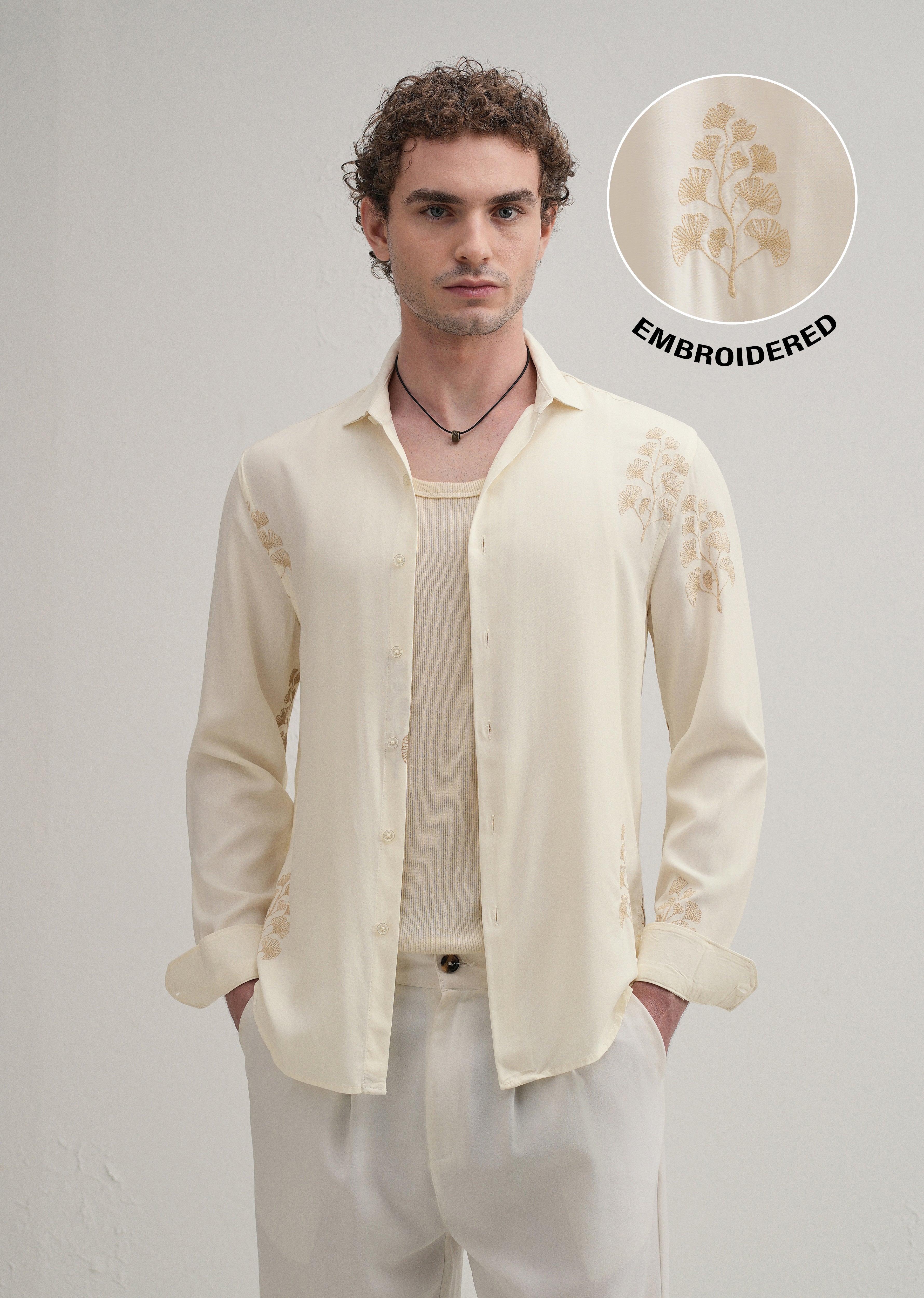 Cream Motif Embroidery Shirt