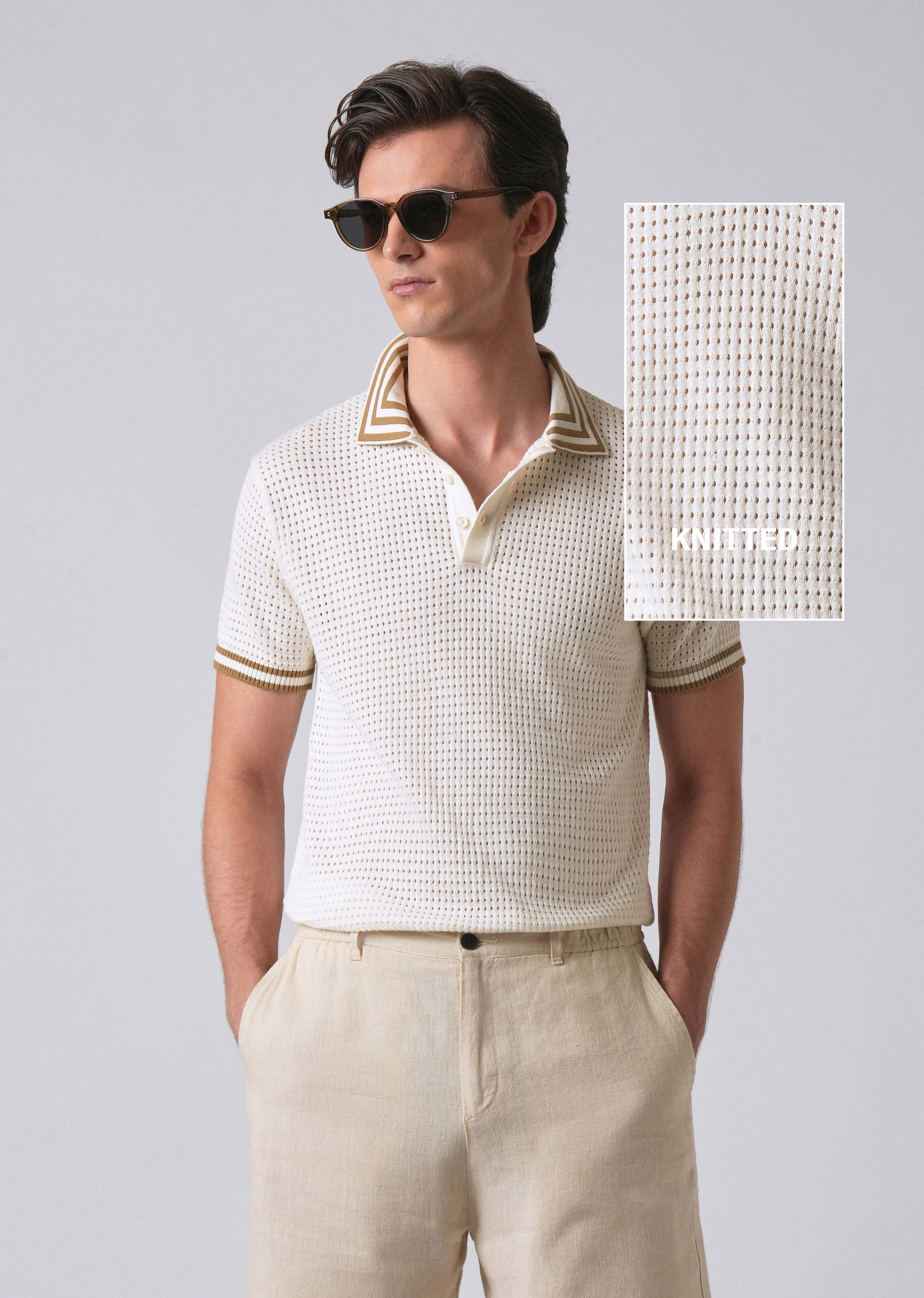 Cream Open Knitted Polo T-shirt