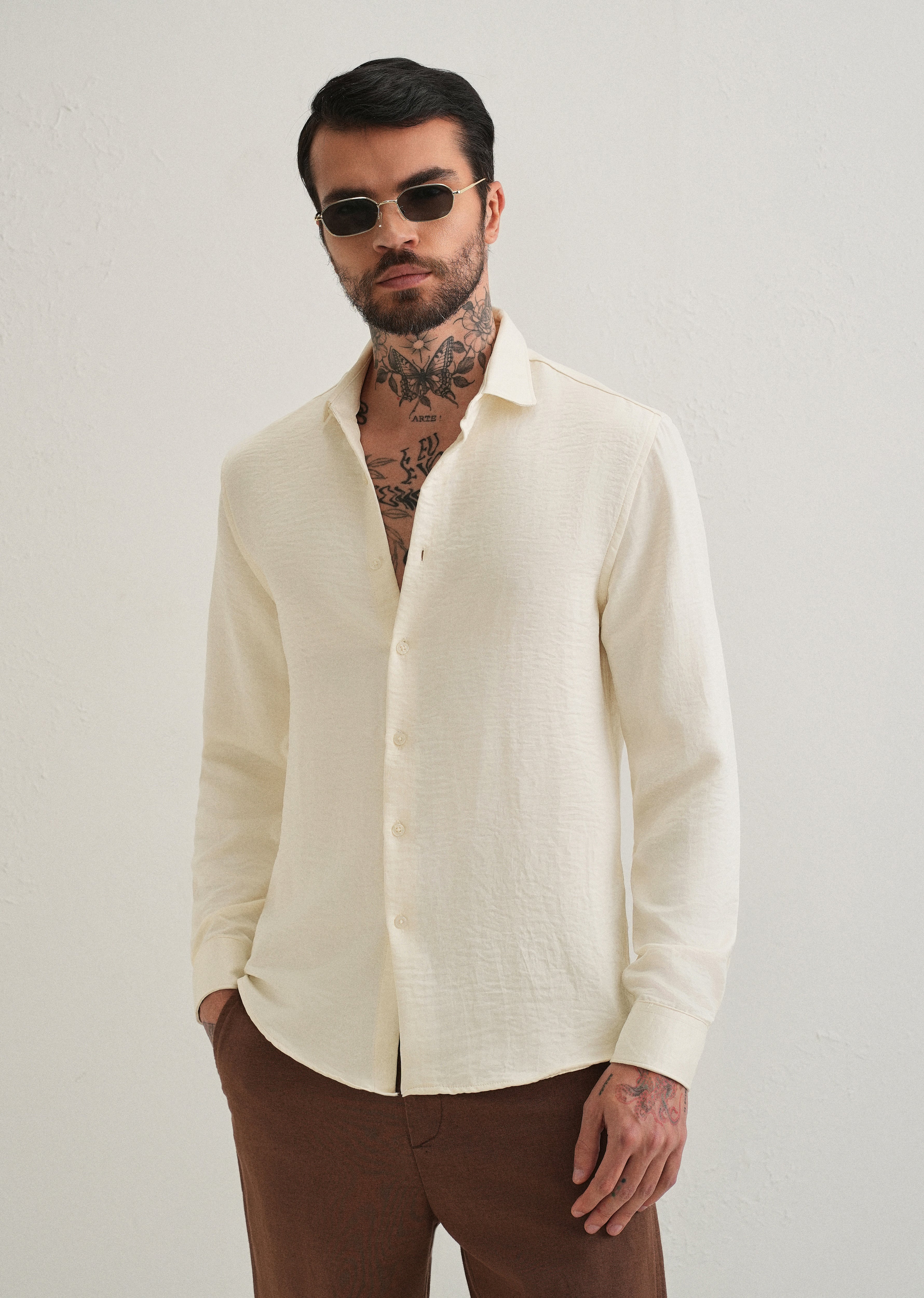 Cream Plain Crushed Satin Shirt