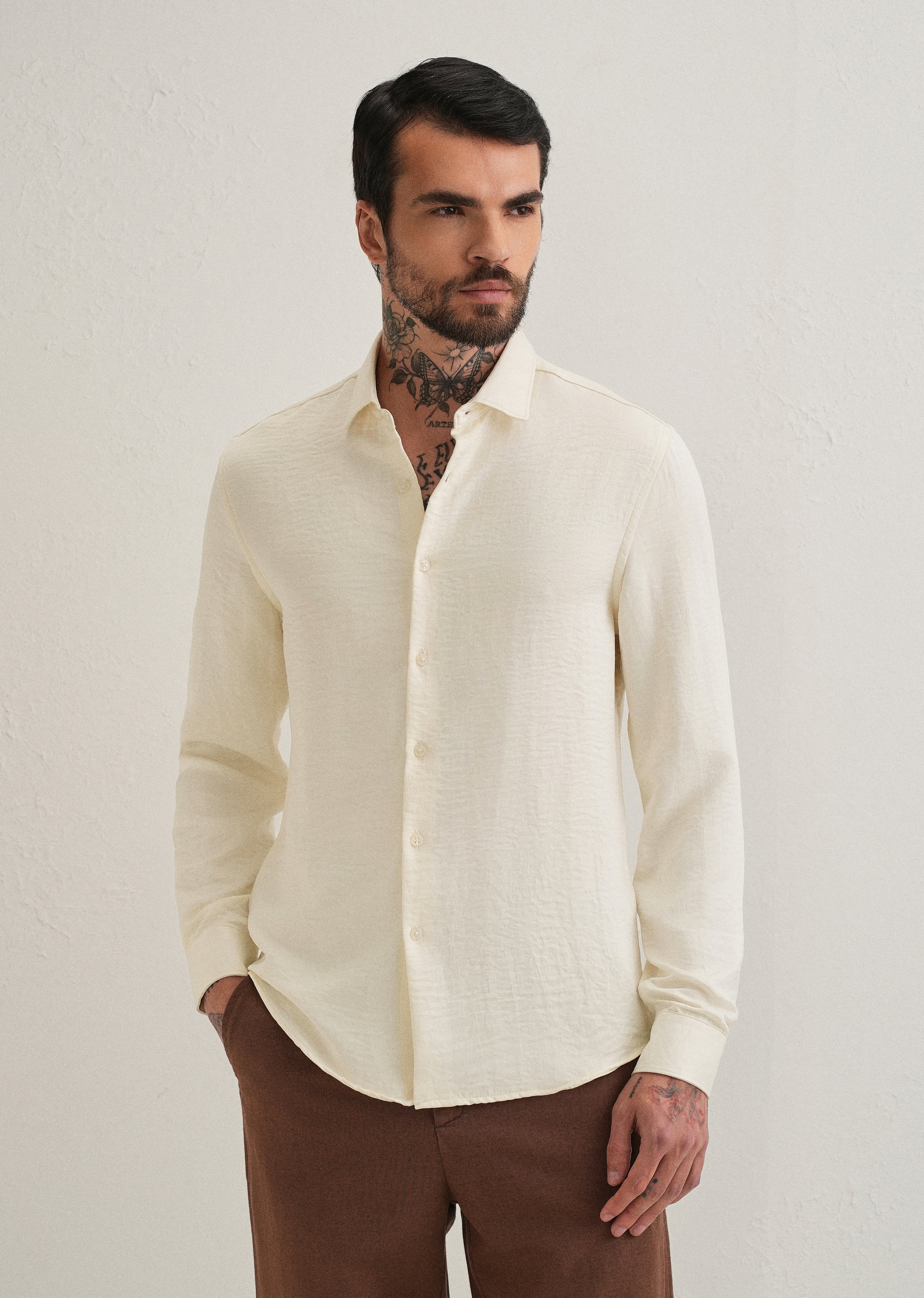 Cream Plain Crushed Satin Shirt