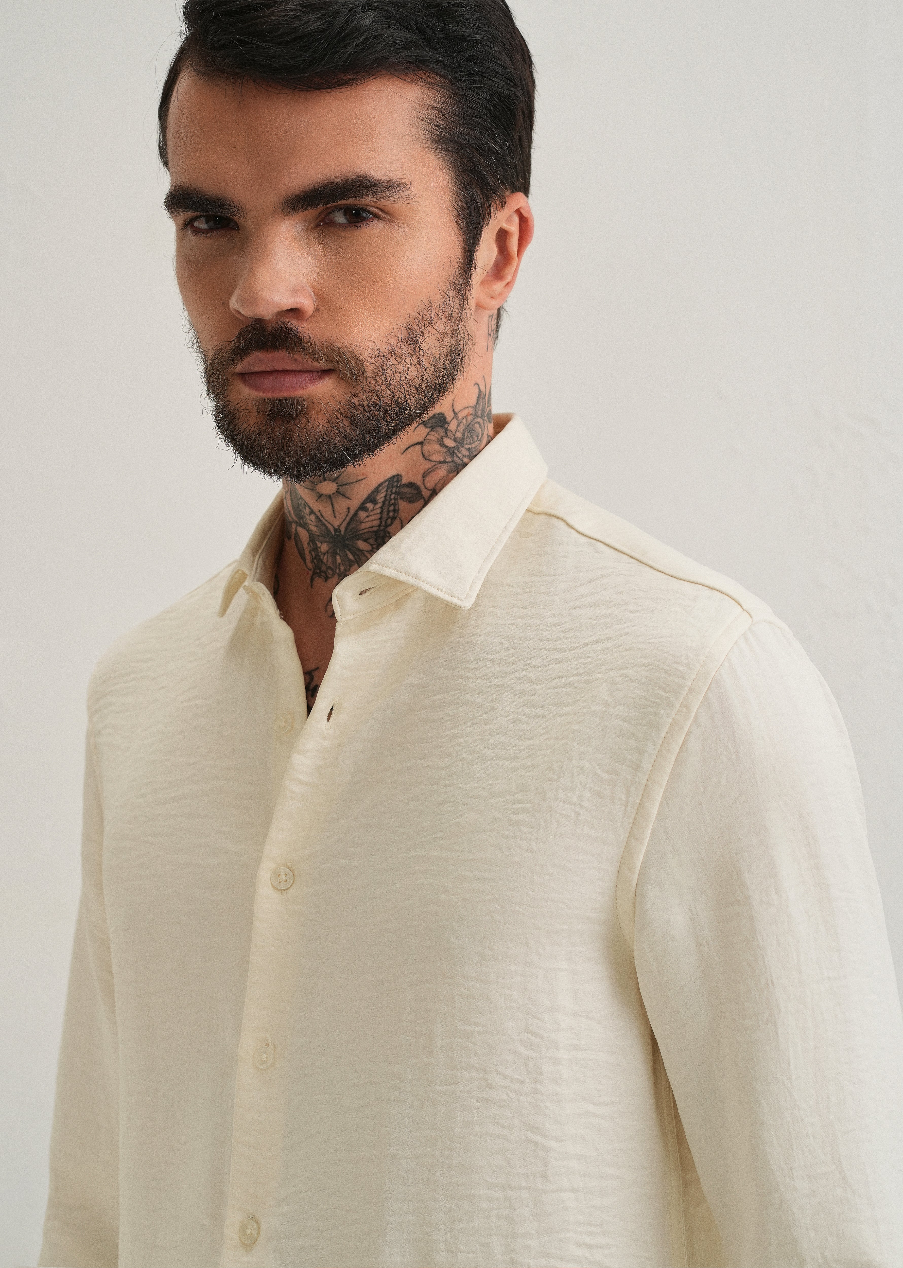 Cream Plain Crushed Satin Shirt