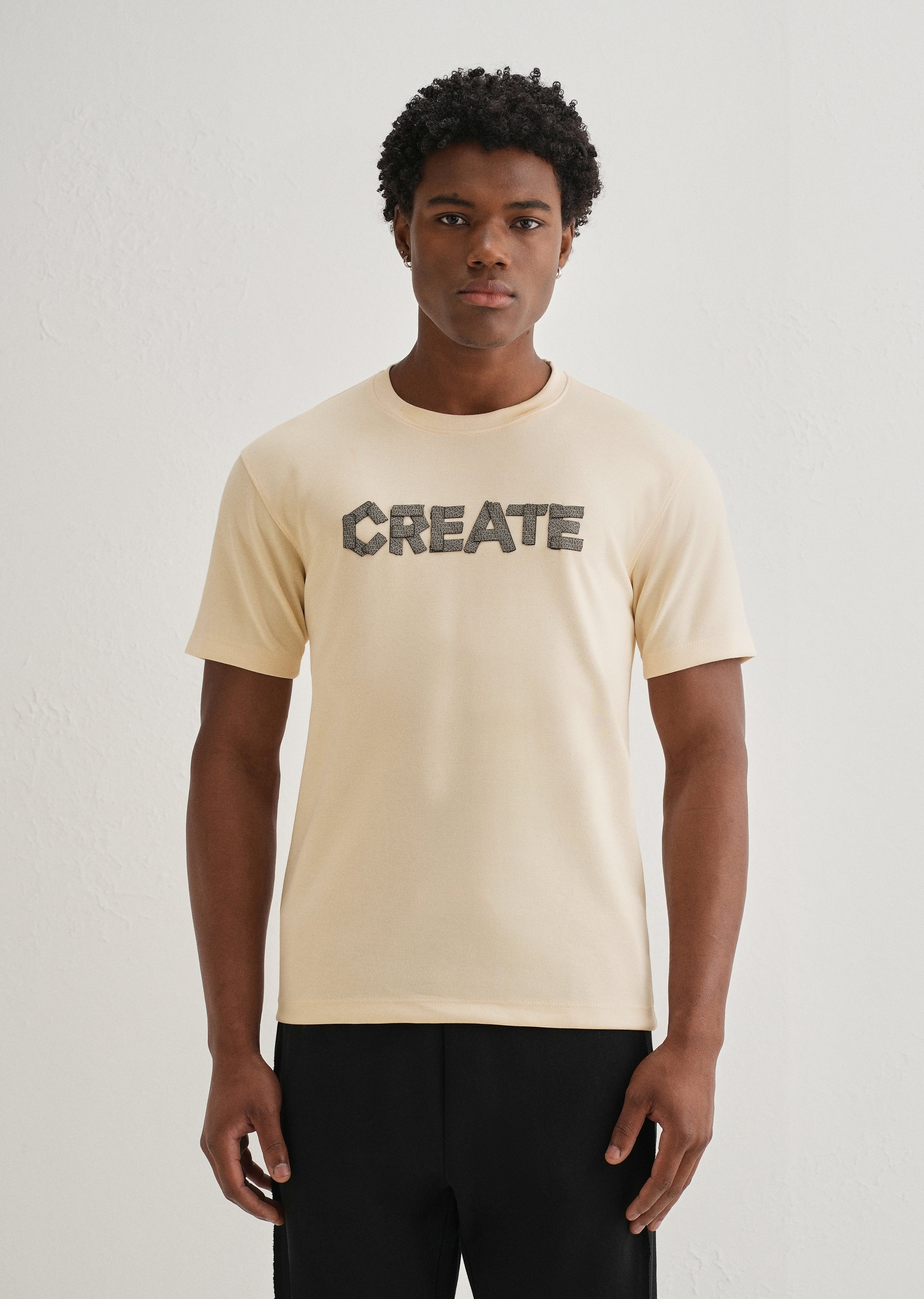 Cream Typography Applique T-shirt