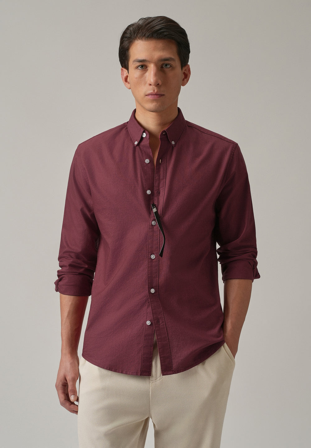 Crimson Red Plain Elbow Patch Oxford Shirt