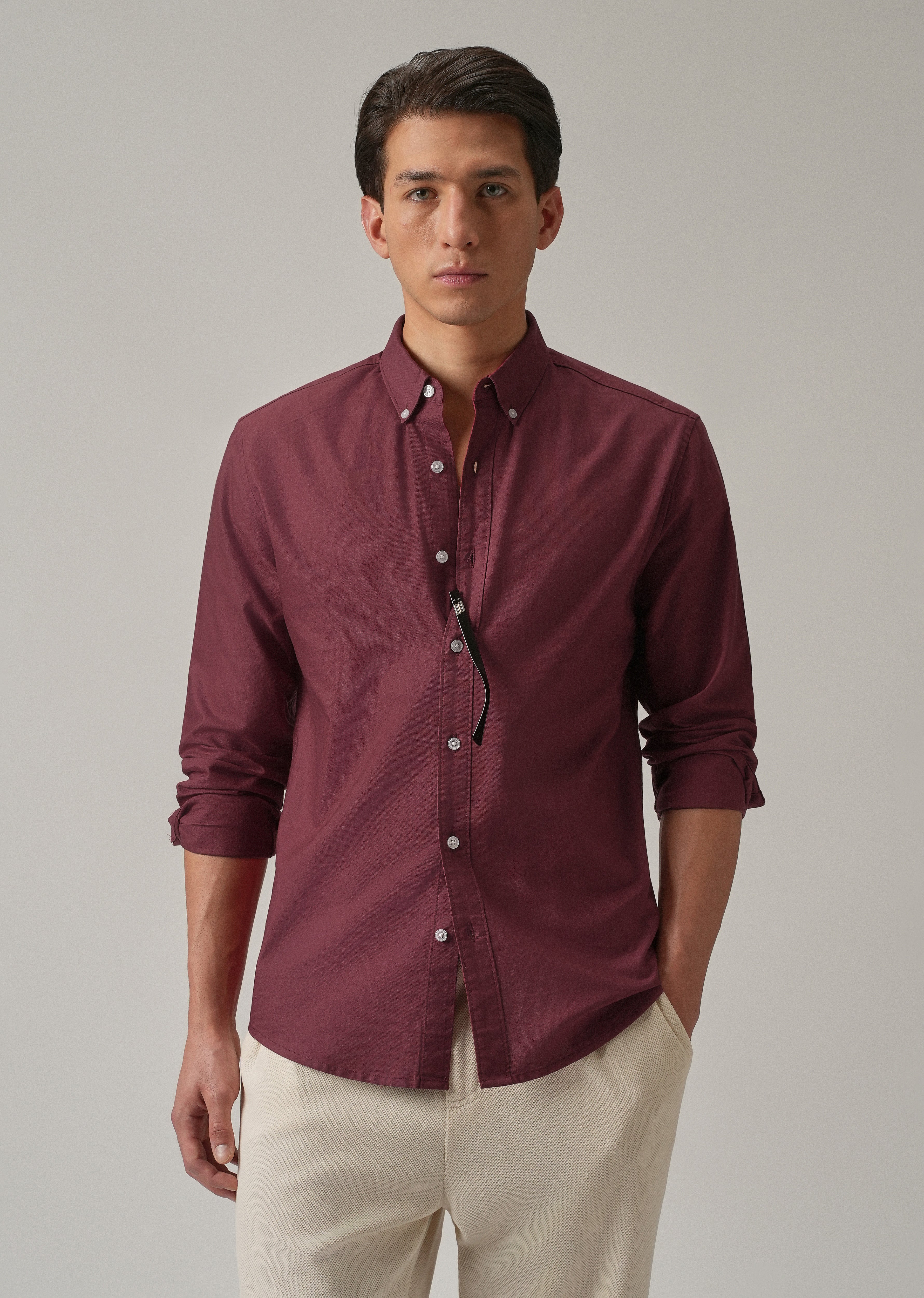 Crimson Red Plain Elbow Patch Oxford Shirt