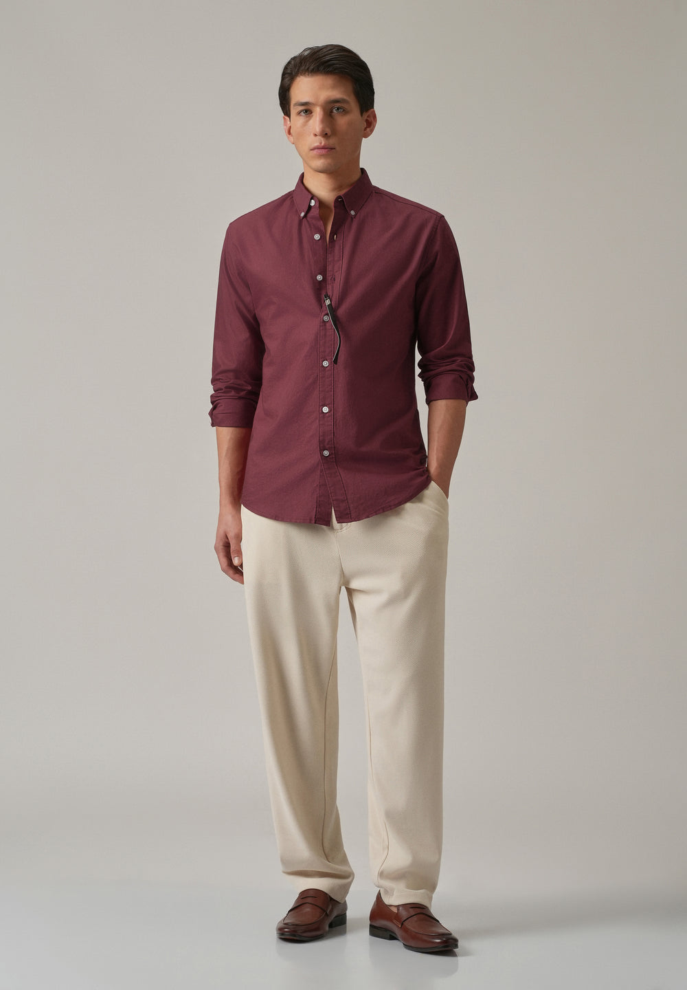 Crimson Red Plain Elbow Patch Oxford Shirt