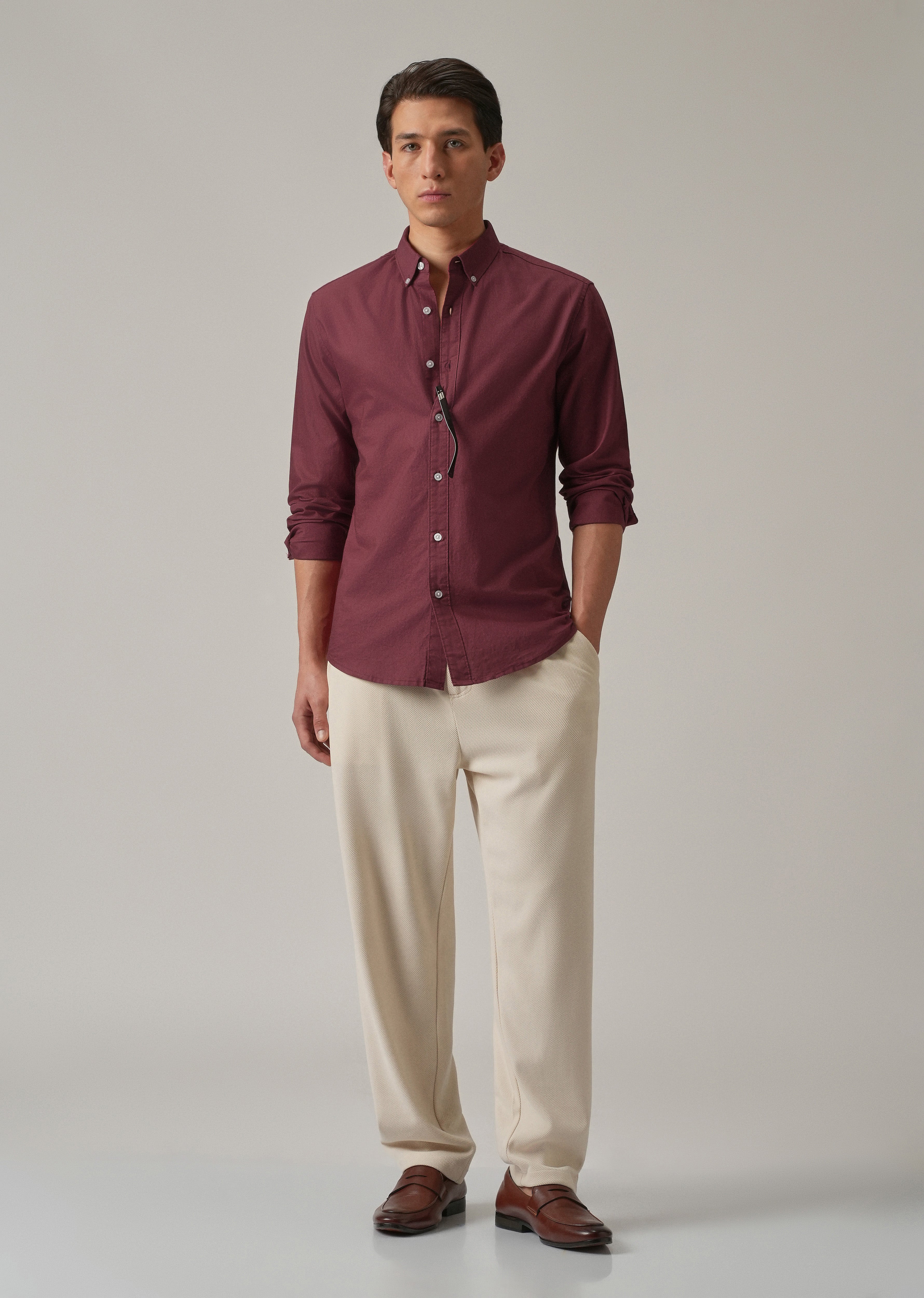 Crimson Red Plain Elbow Patch Oxford Shirt