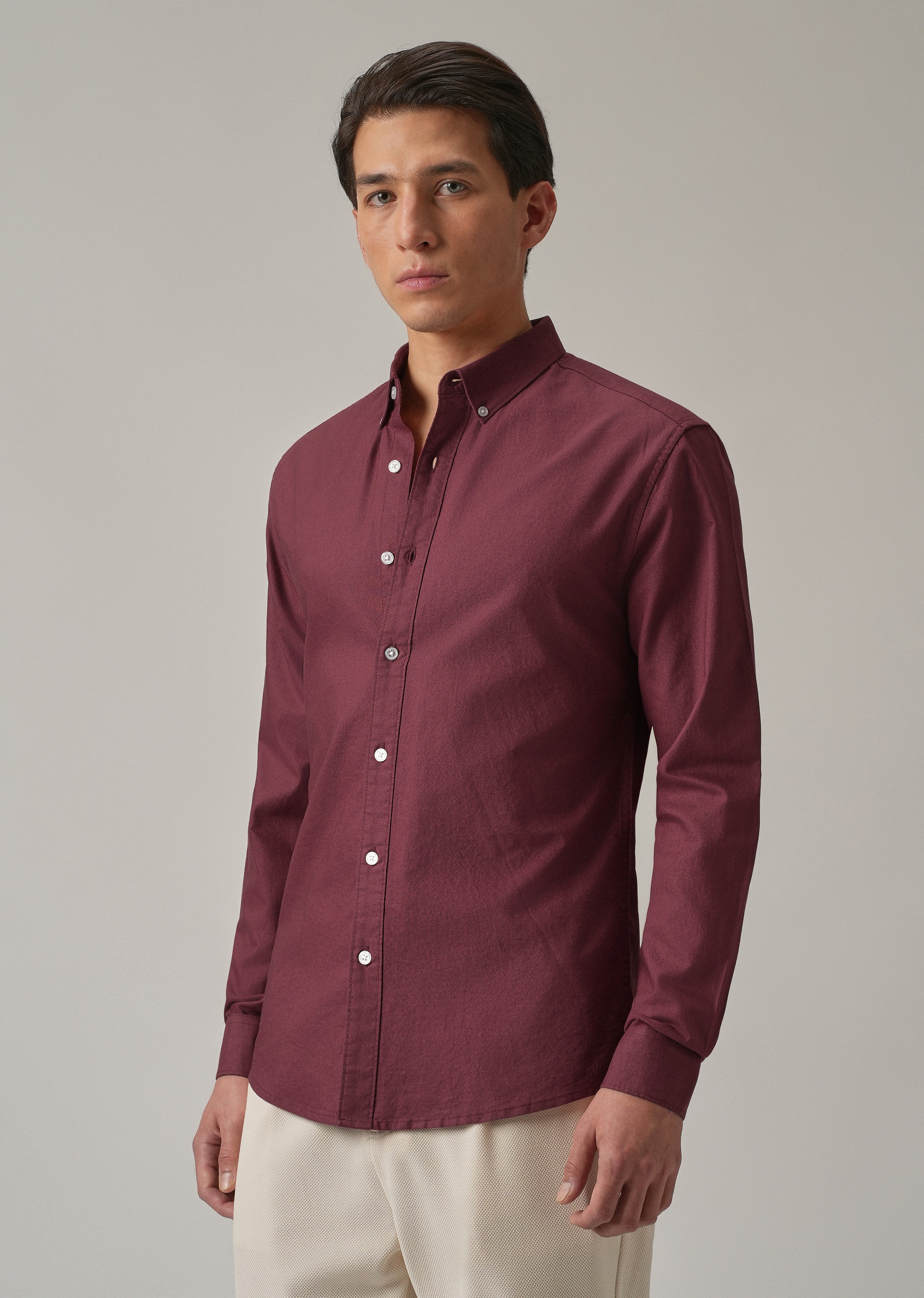 Crimson Red Plain Elbow Patch Oxford Shirt
