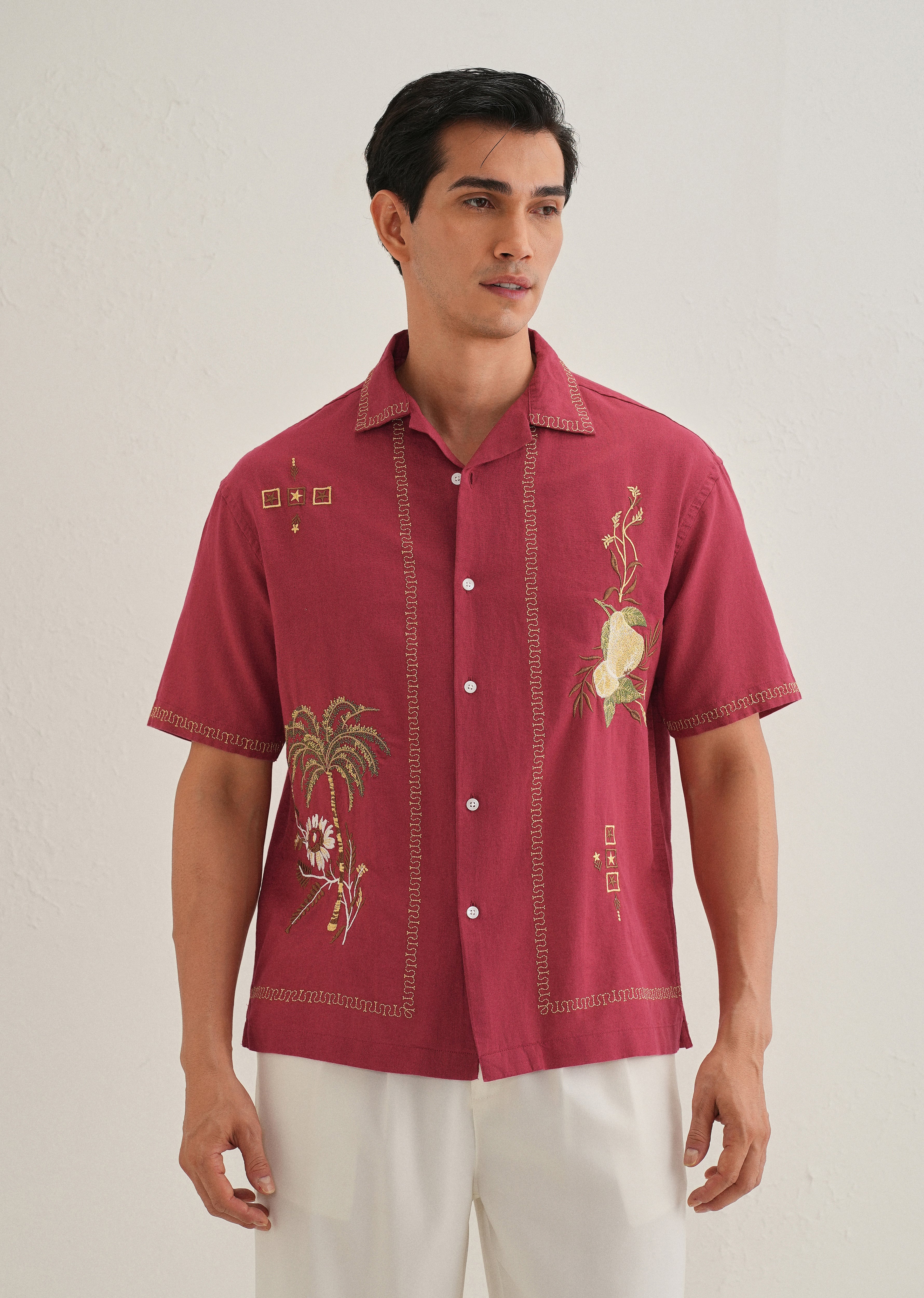 Crimson Red Tropical Embroidered Shirt