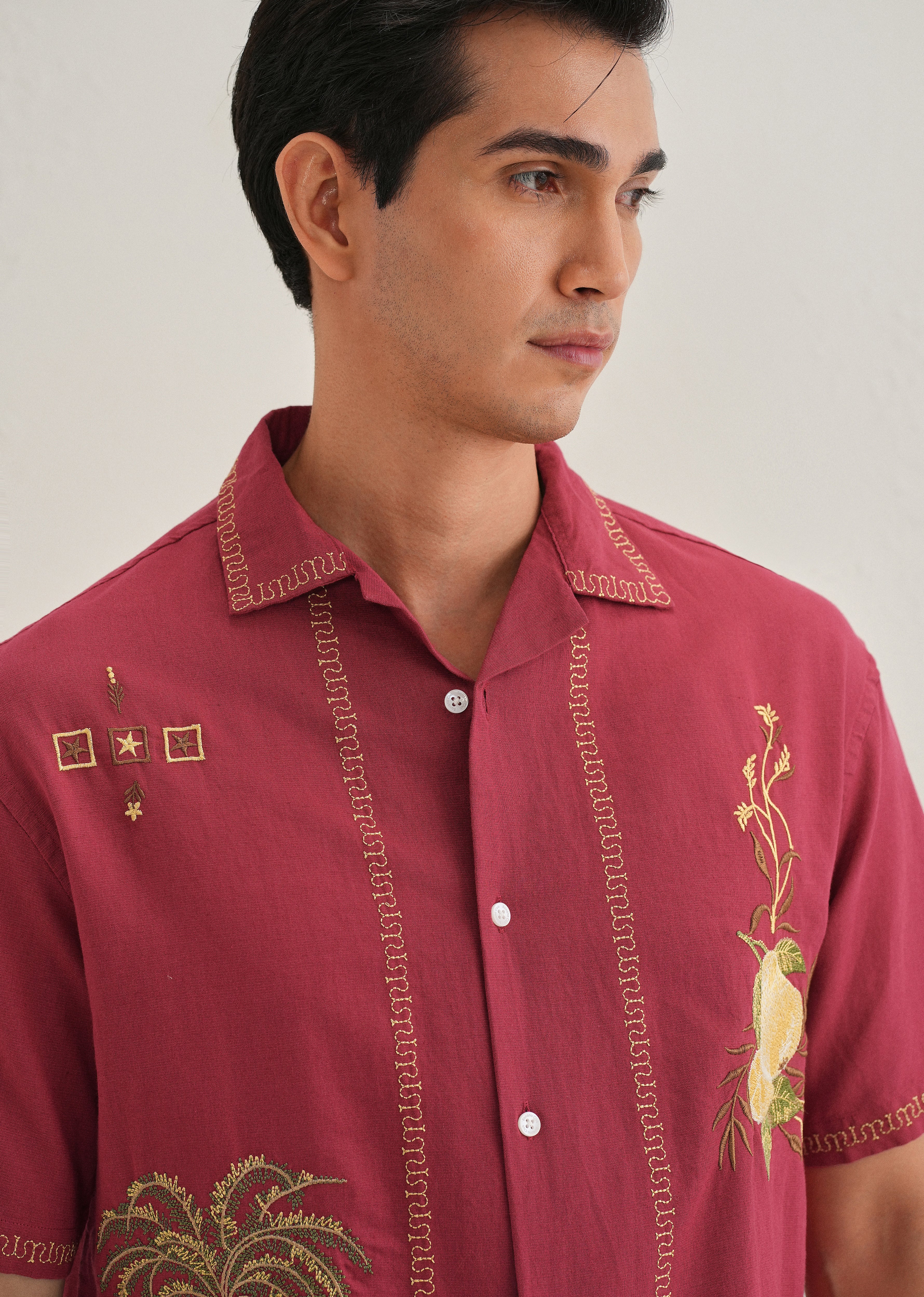 Crimson Red Tropical Embroidered Shirt