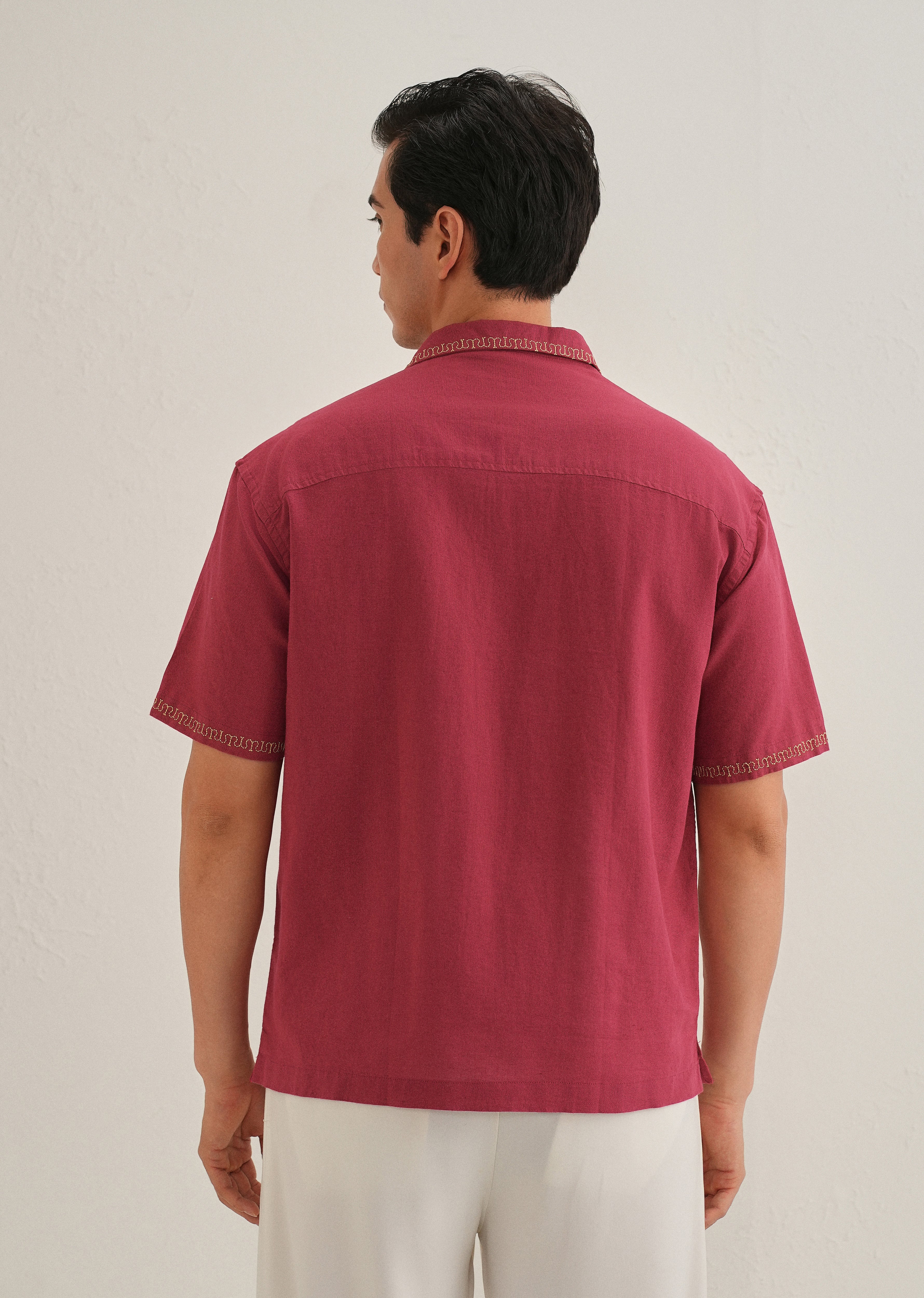 Crimson Red Tropical Embroidered Shirt