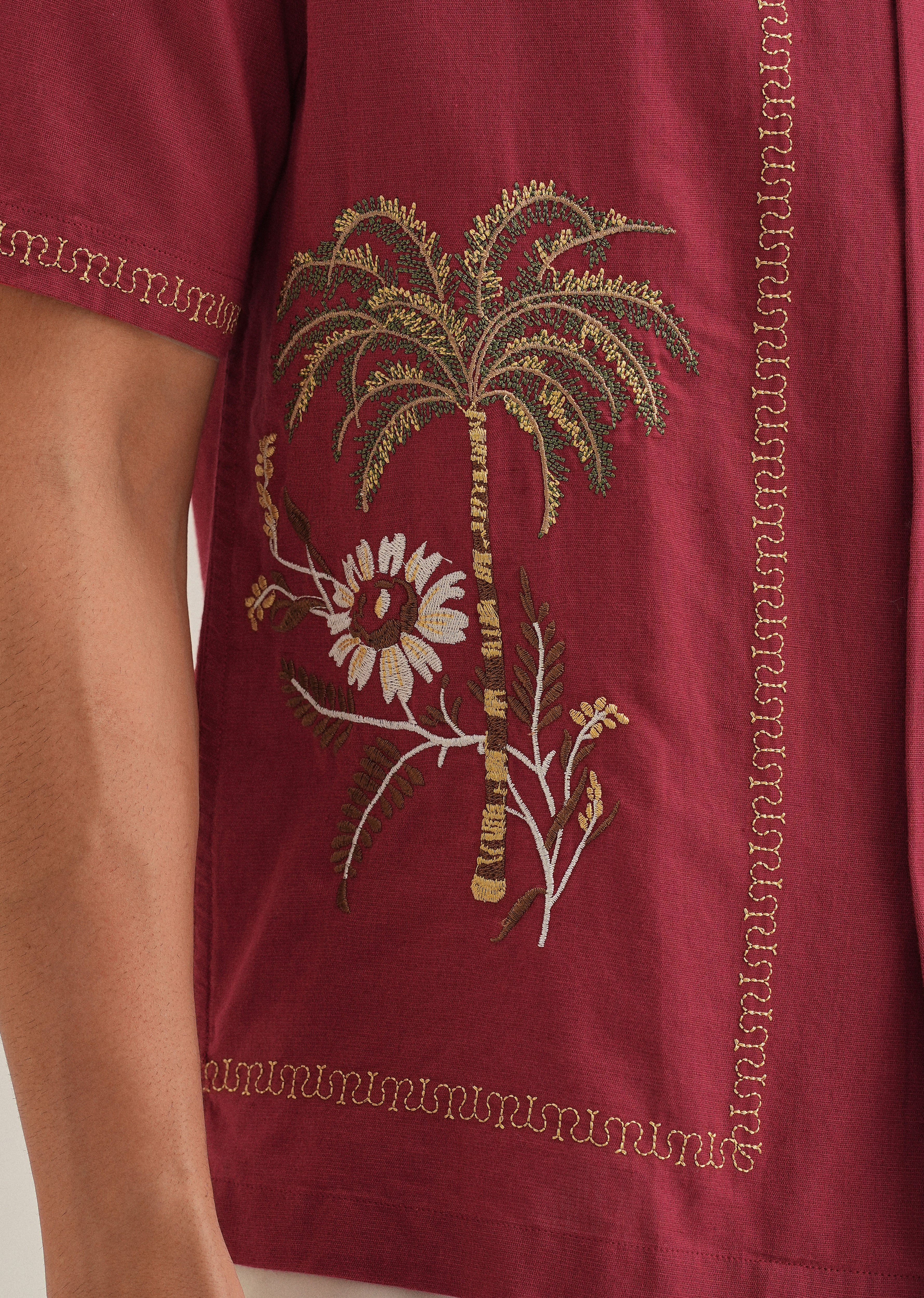 Crimson Red Tropical Embroidered Shirt