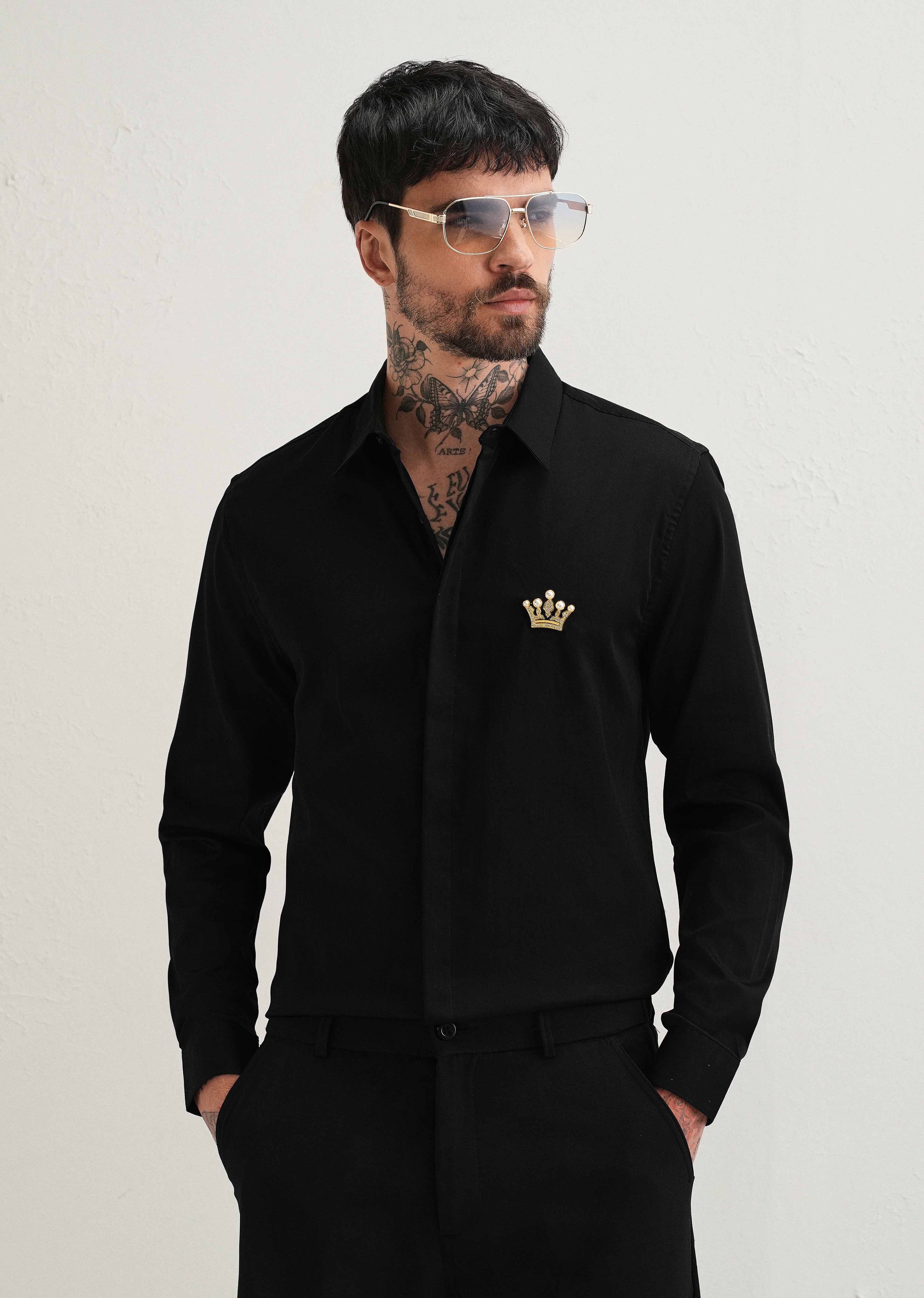 Crown Embellished Black Designer Shirt
