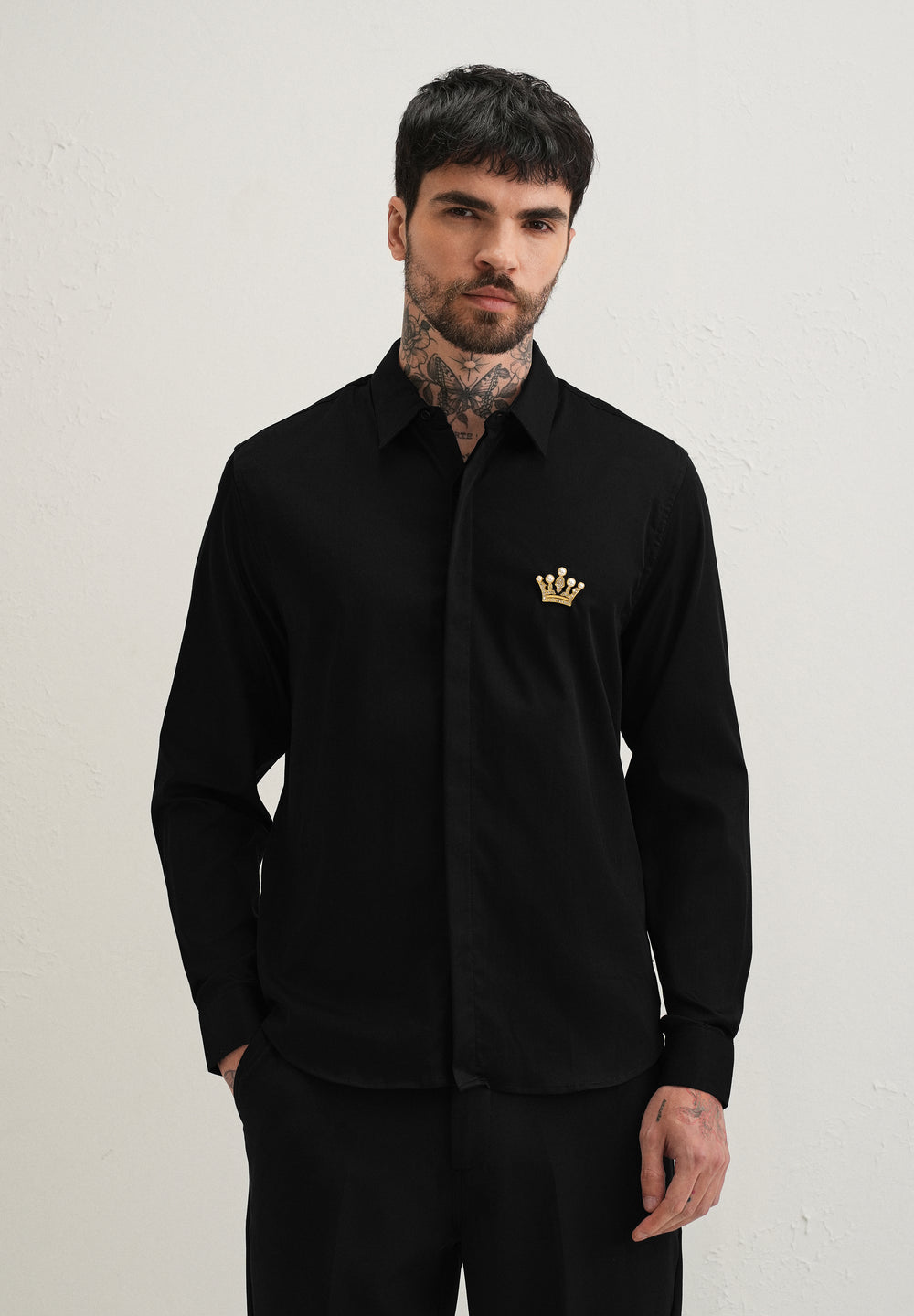 Crown Embellished Black Designer Shirt