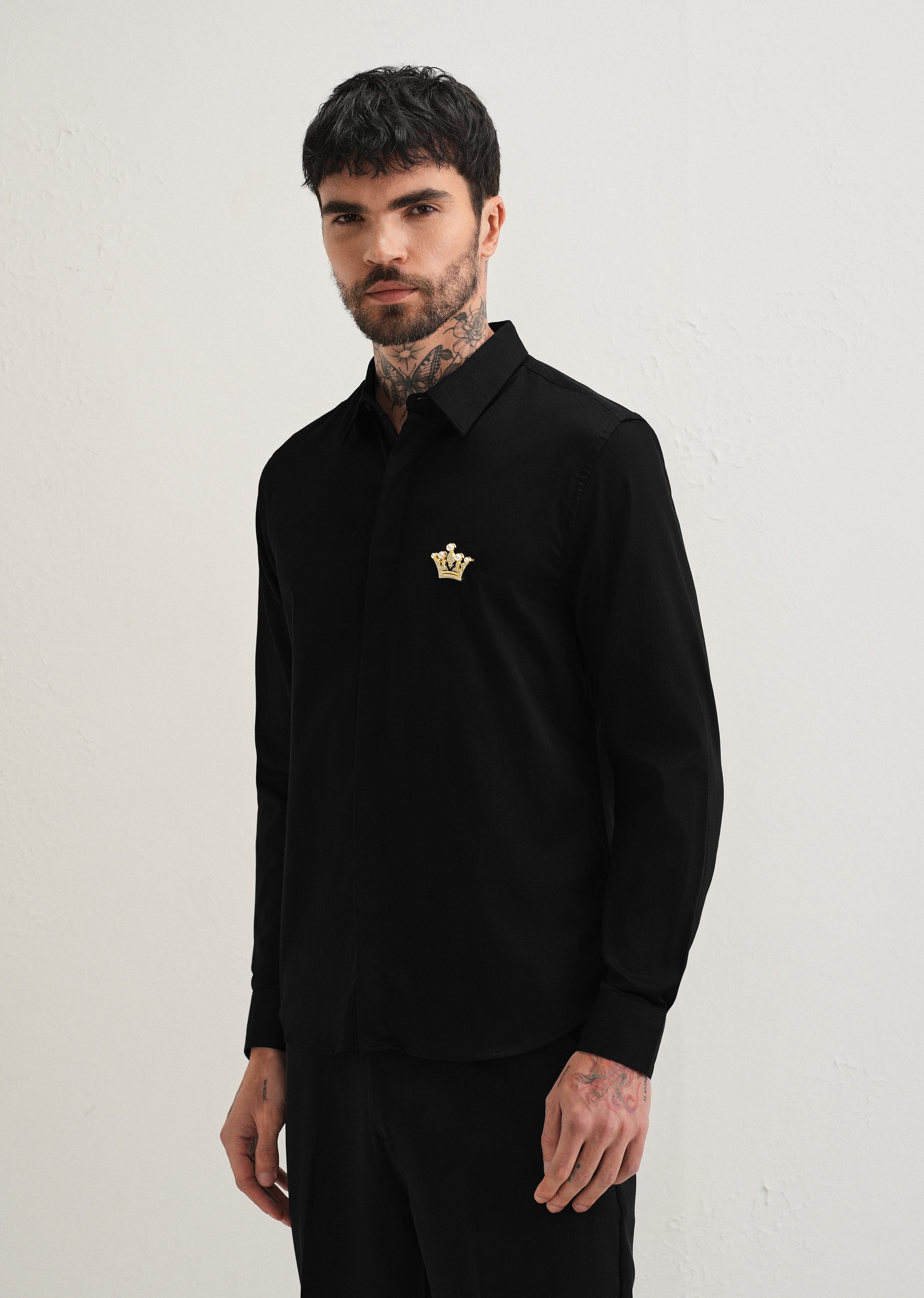 Crown Embellished Black Designer Shirt