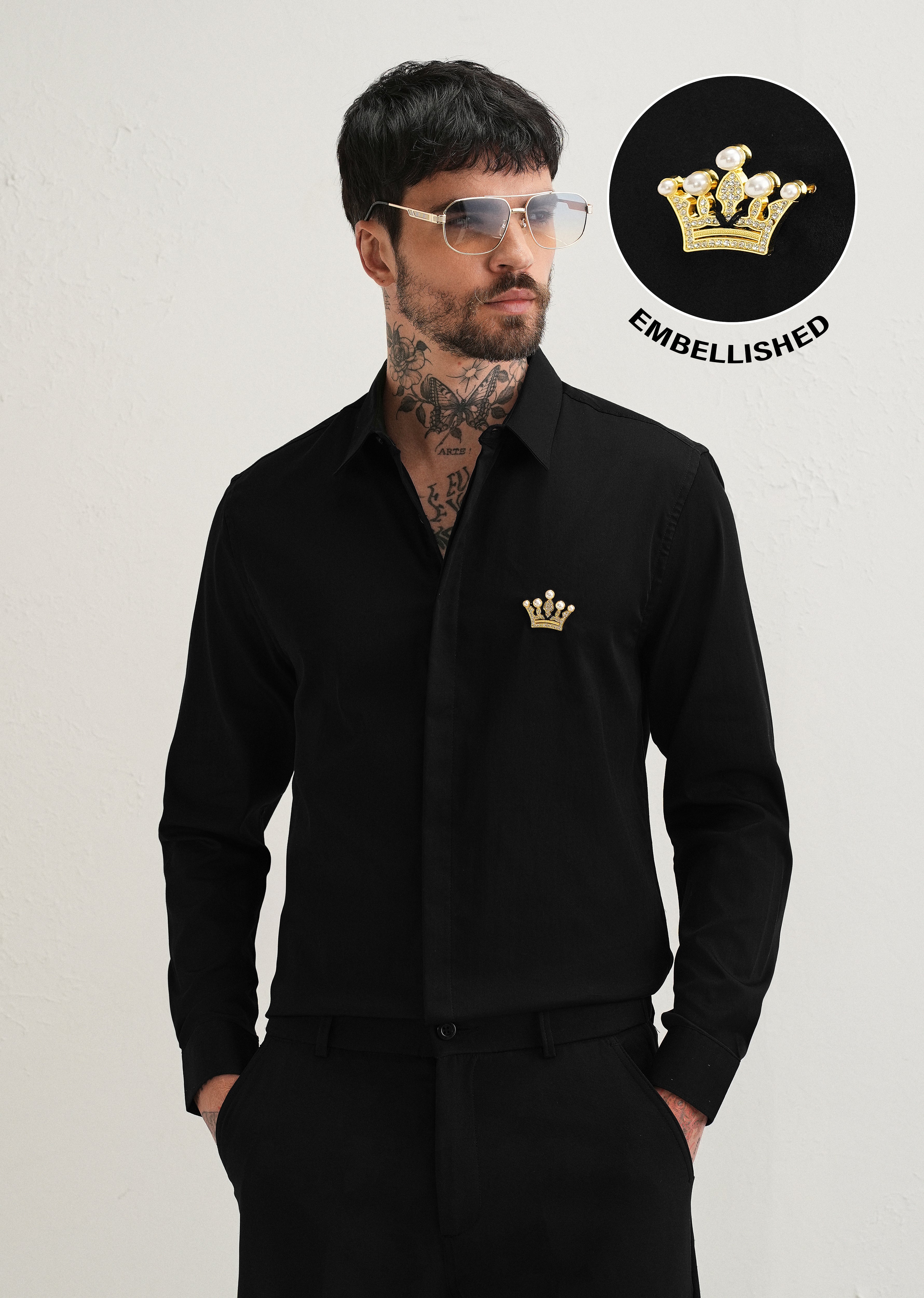 Crown Embellished Black Designer Shirt