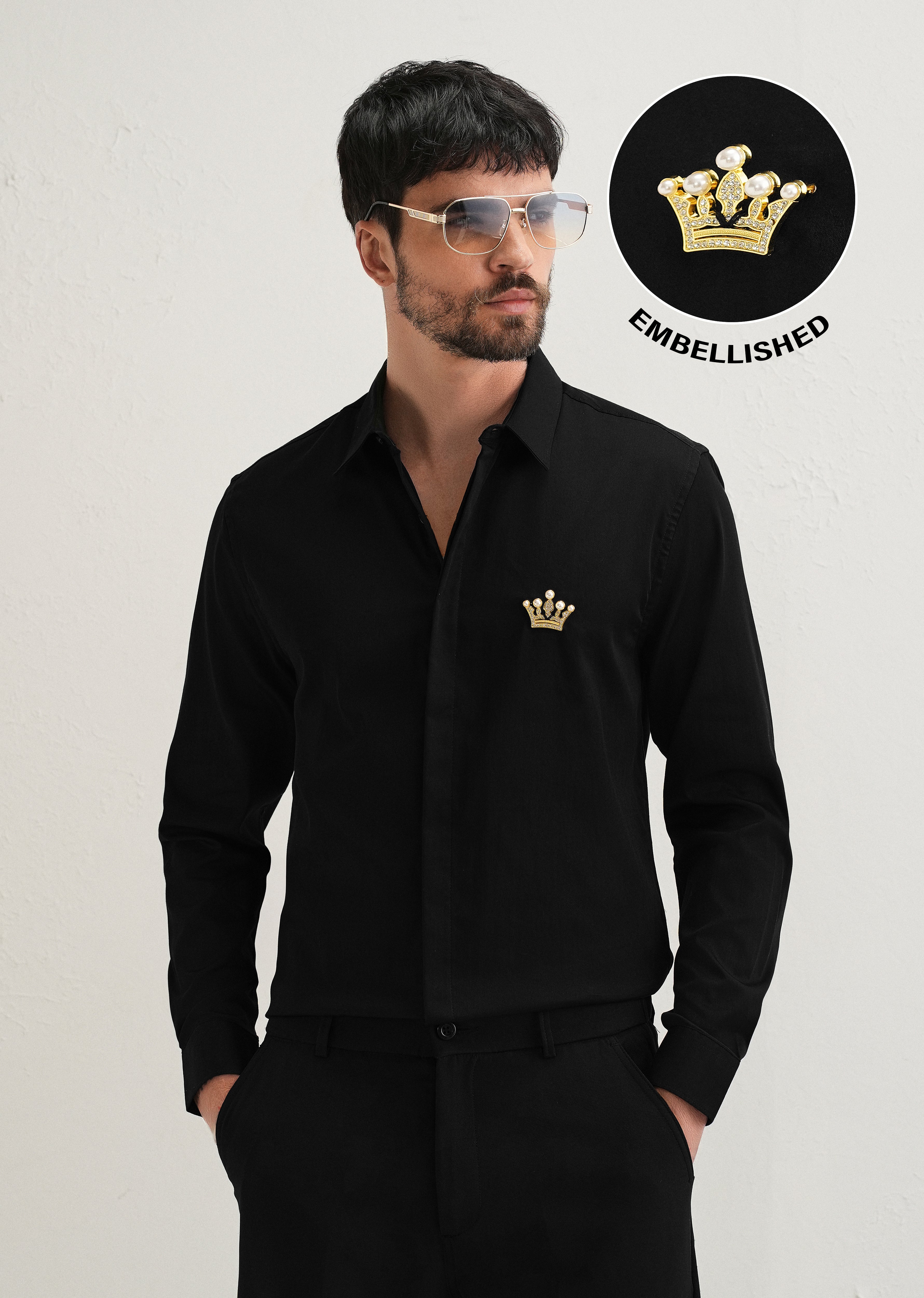 Crown Embellished Black Designer Shirt