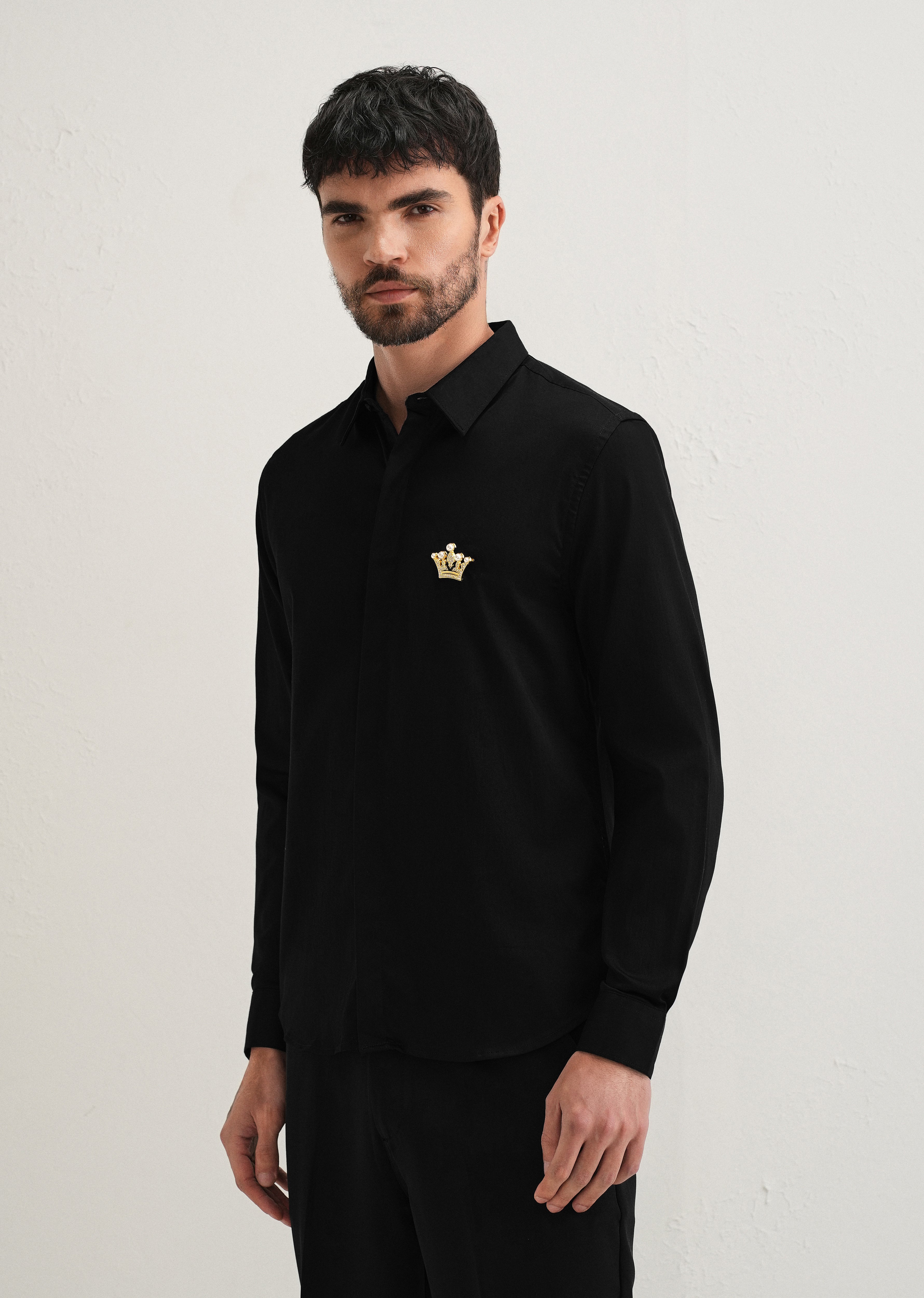 Crown Embellished Black Designer Shirt