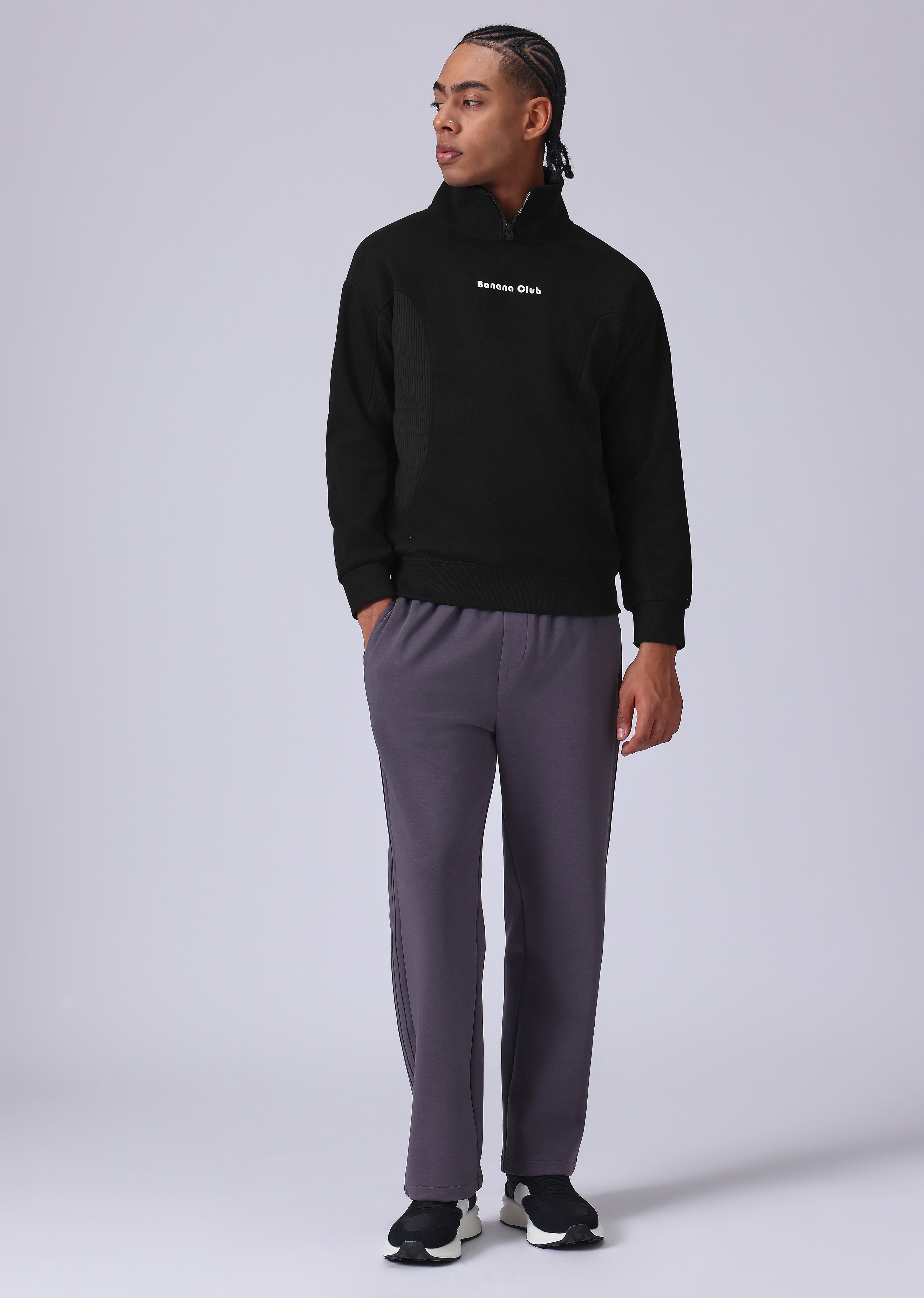 Cut and Sew Black Zipper Sweatshirt