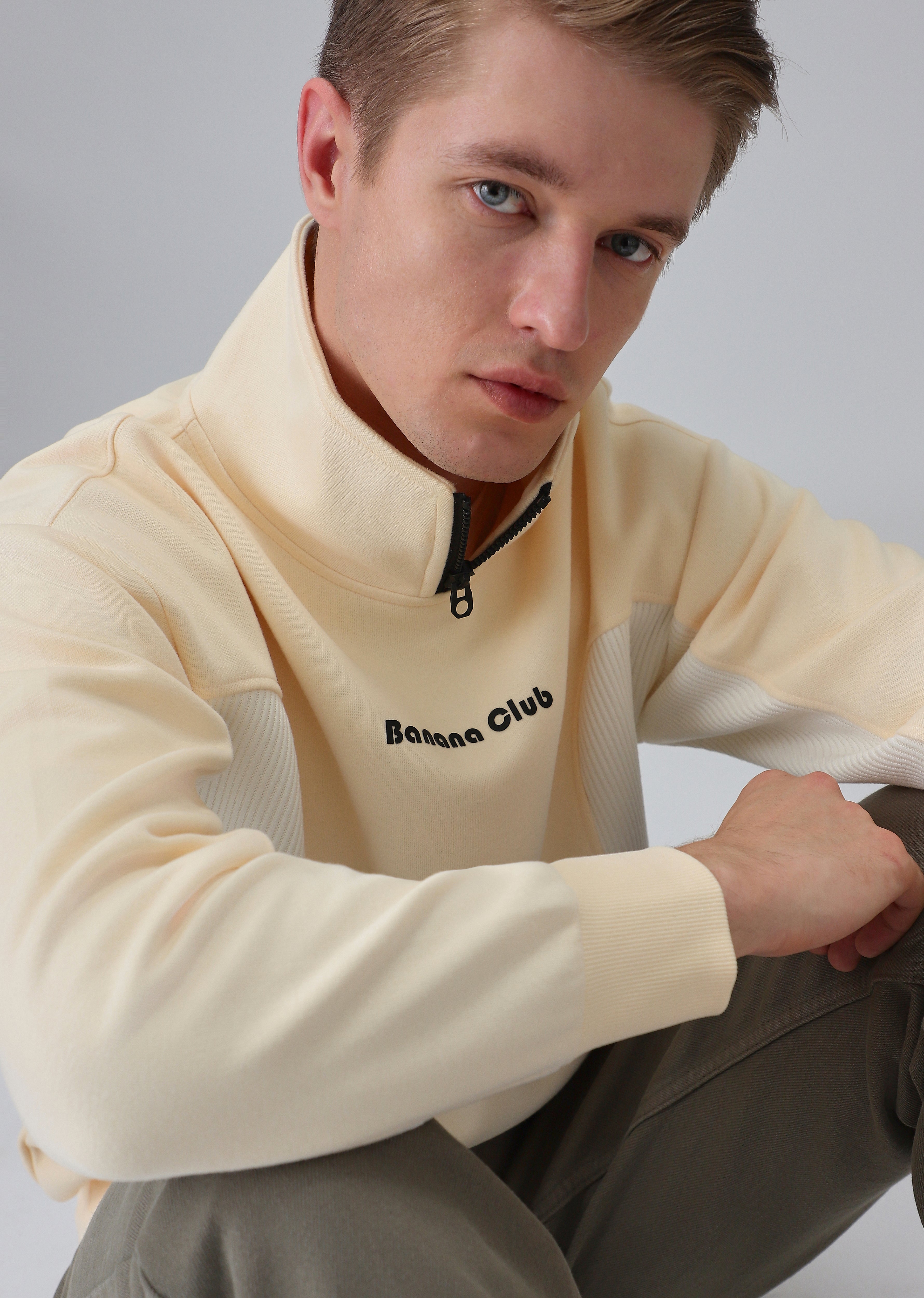 Cut and Sew Cream Zipper Sweatshirt - Main Image